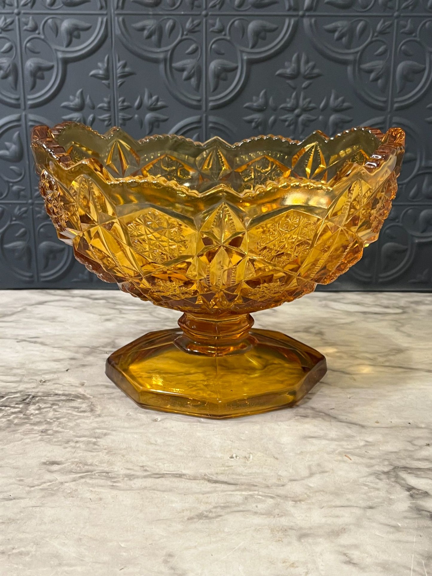 Kemble Wheaton Amber glass sawtooth pedestal bowl