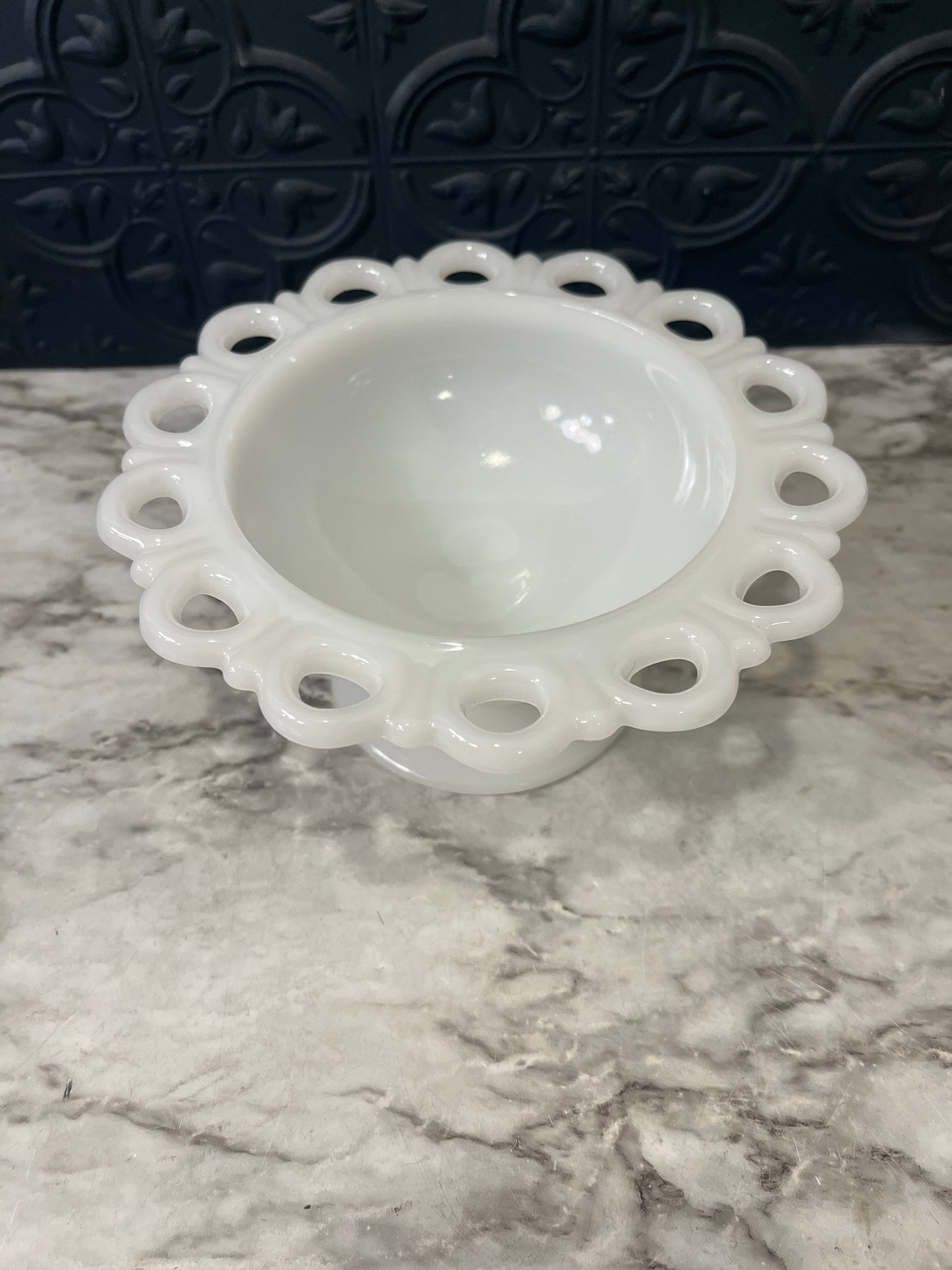 Lace Edge Milk Glass Pedestal Bowl Anchor Hocking