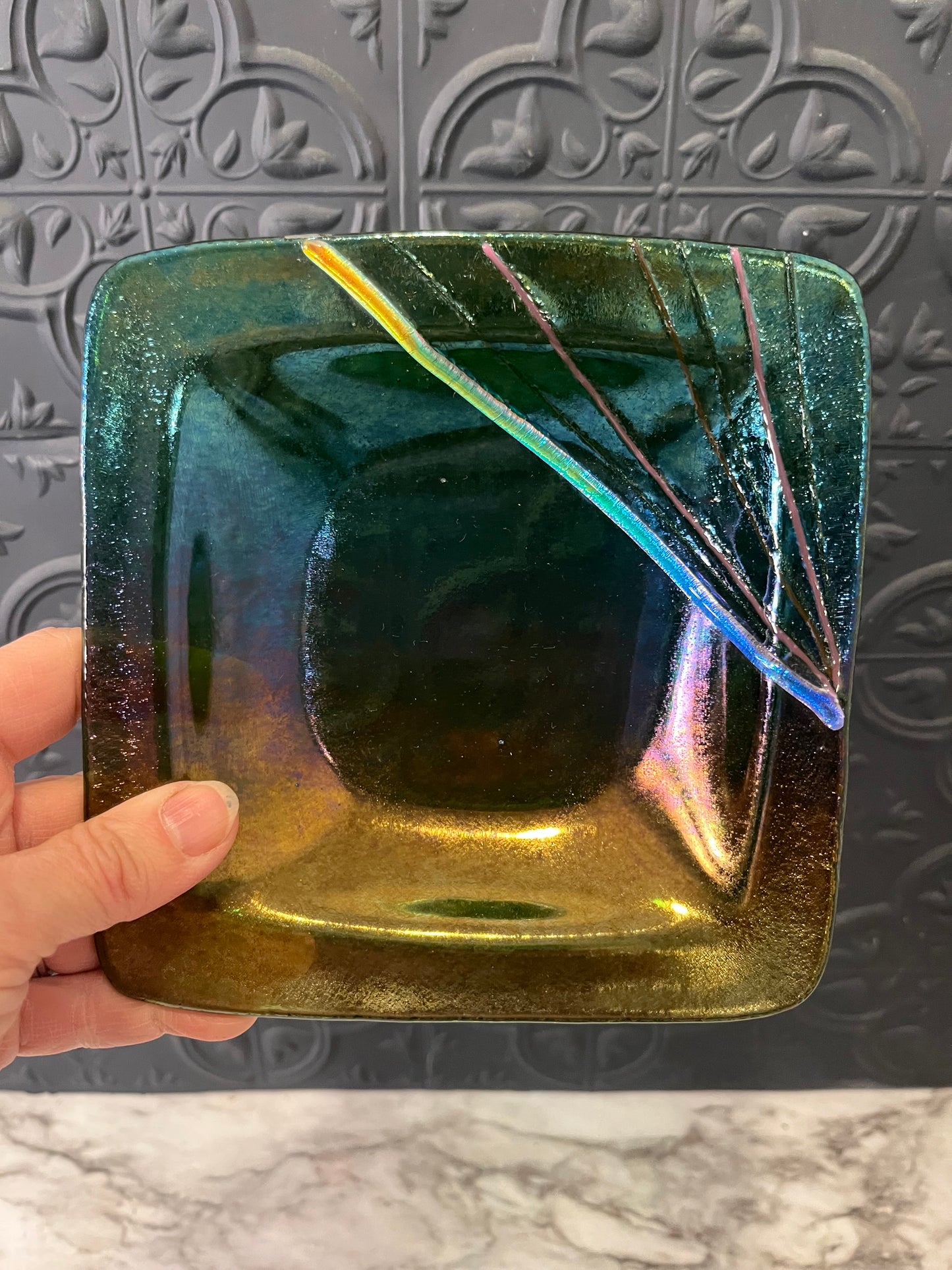Handmade Fused Art Square Dish Green