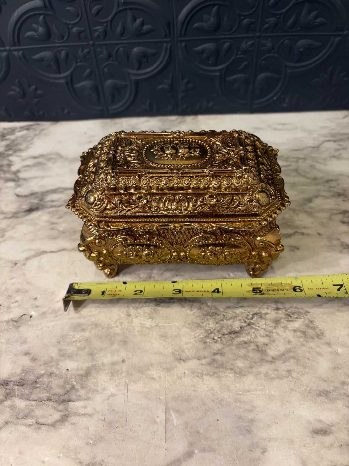 Ornate Gold Jewelry Box with Red Velvet lining