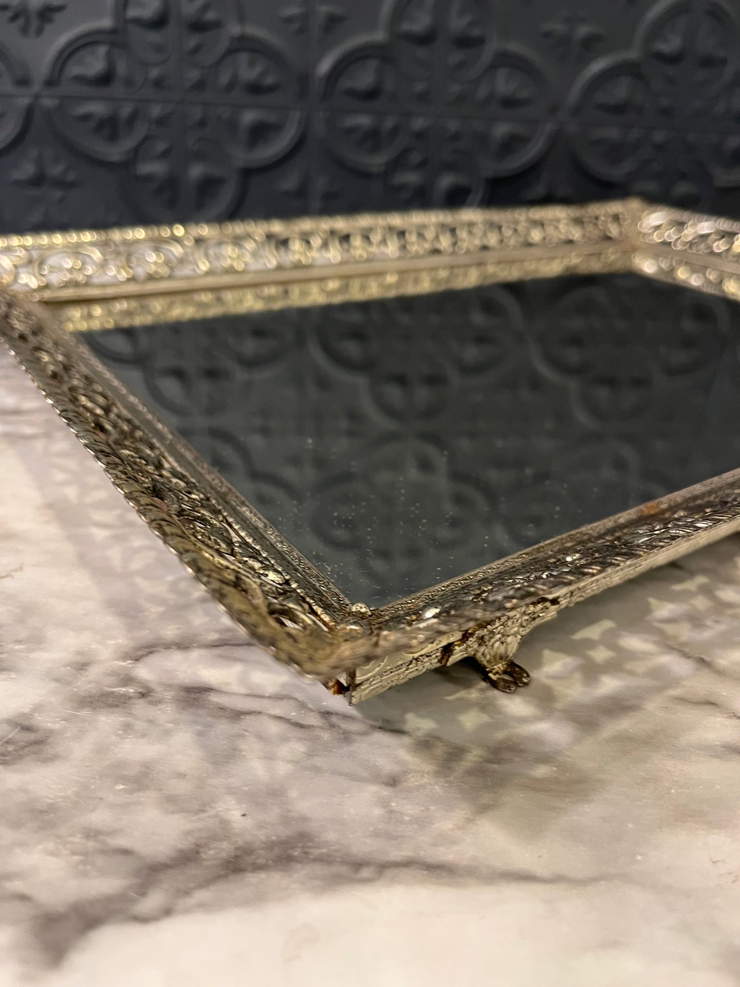 Rectangle mirror tray with silver tone filligree