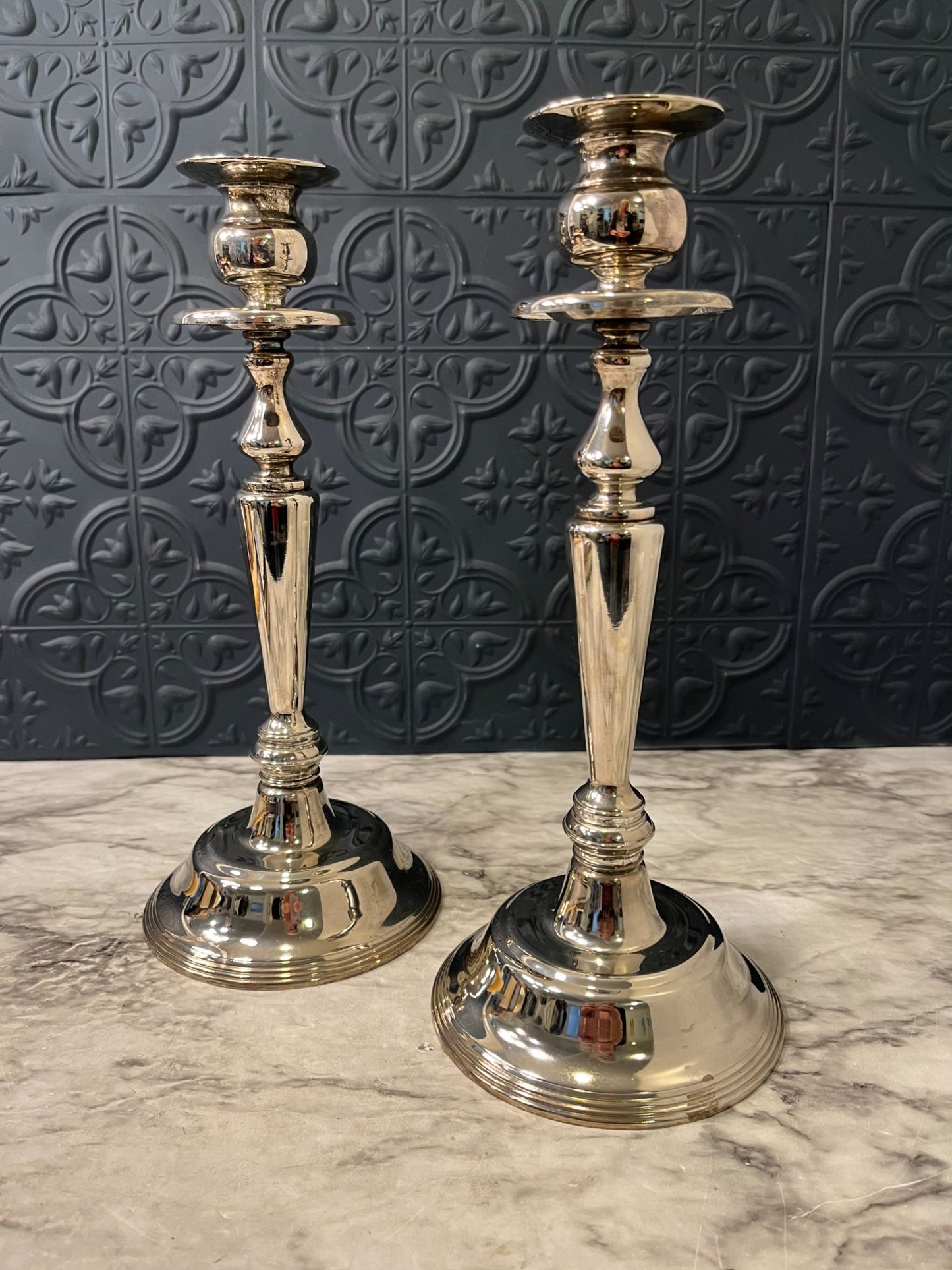 Tall Silver Candle Holders with round base x 2