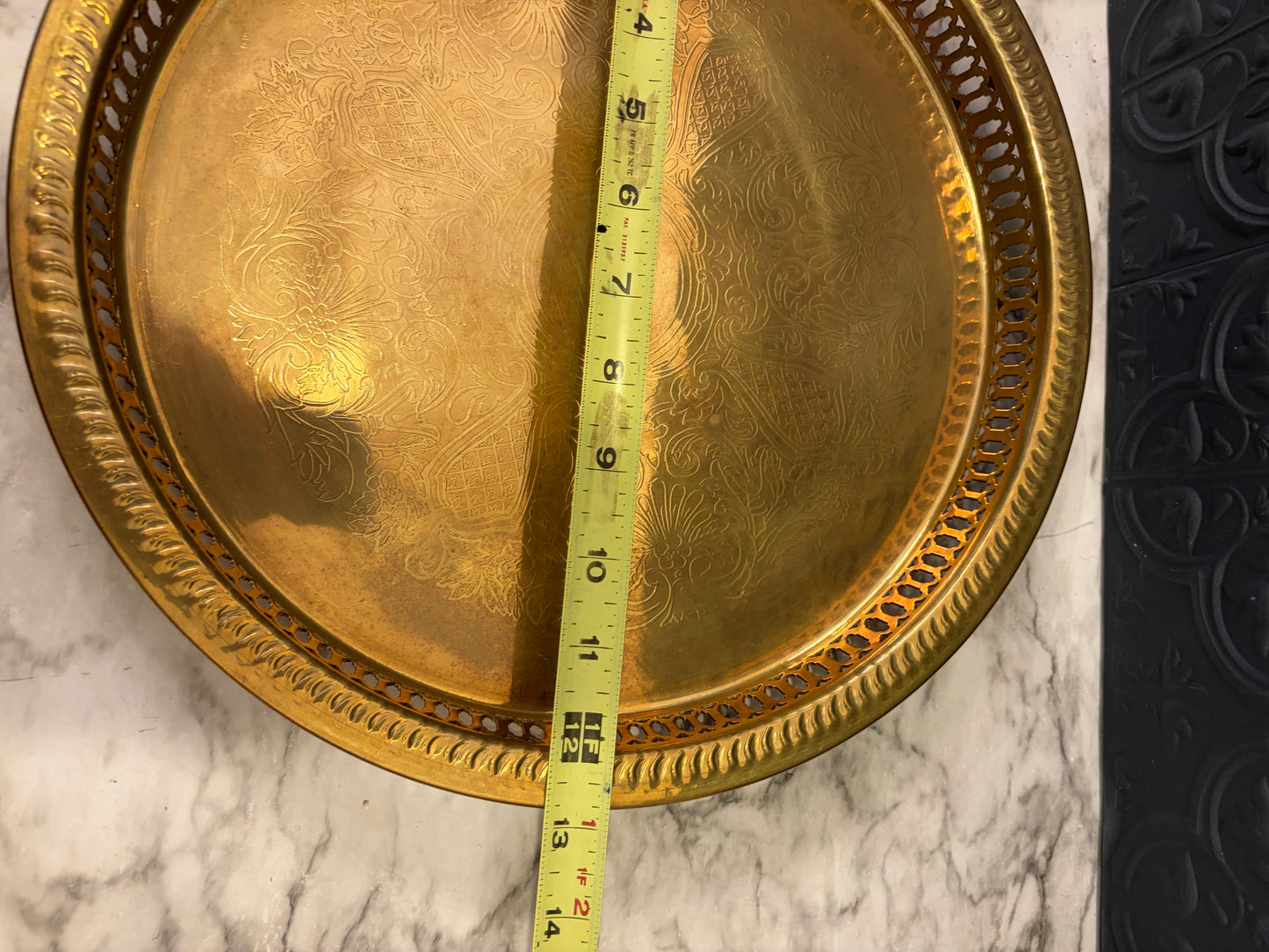 Round Brass Etched Tray with Cutout Rim 12"