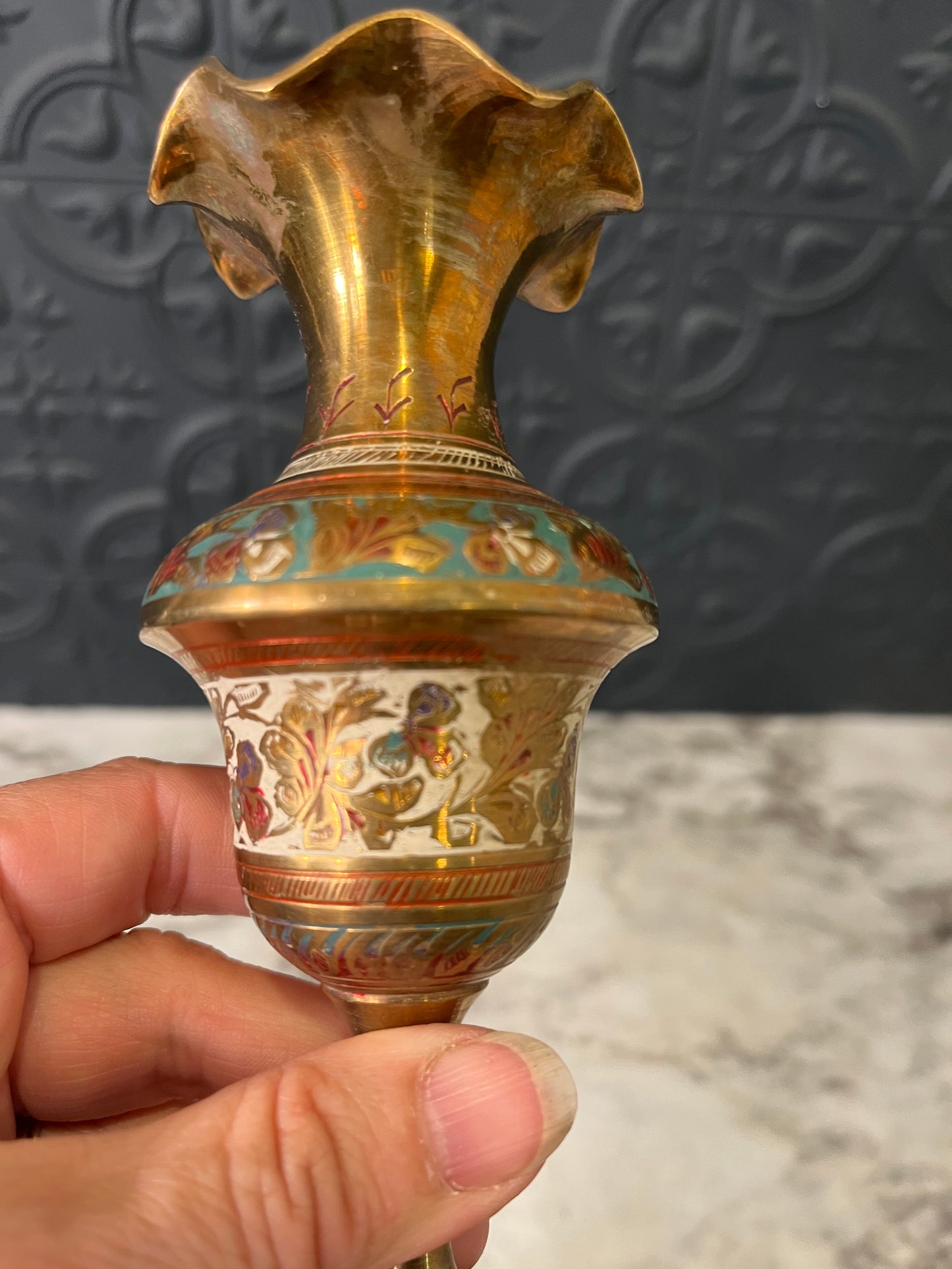 Brass and Enamel Etched Vase Small