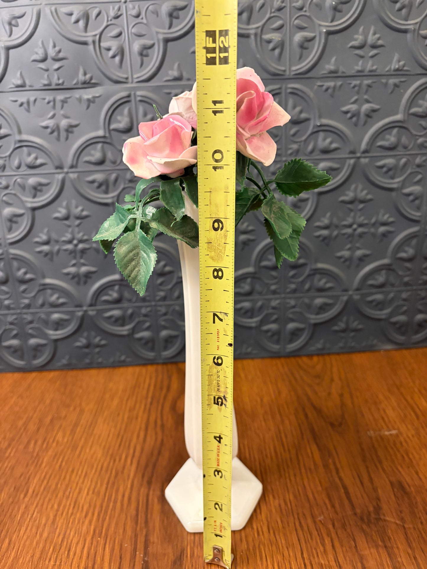 White Milk Vase with 3 Porcelain Roses