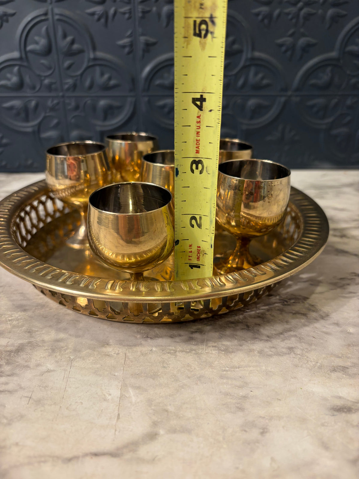 Etched Brass Tray with 6 Mini Brass Goblets