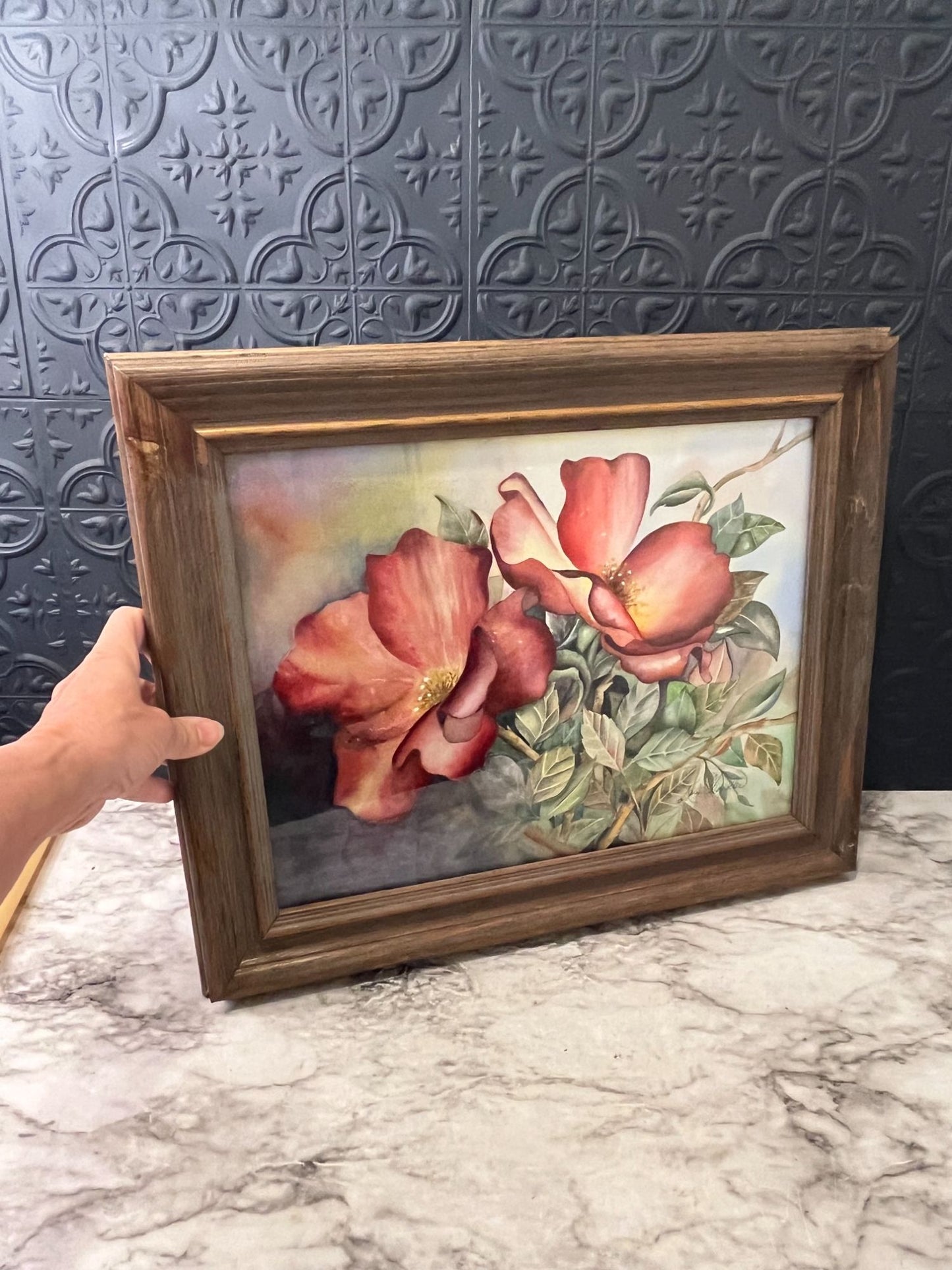 Original Watercolor Of Pink Flowers in Wood Frame Karen Chandler