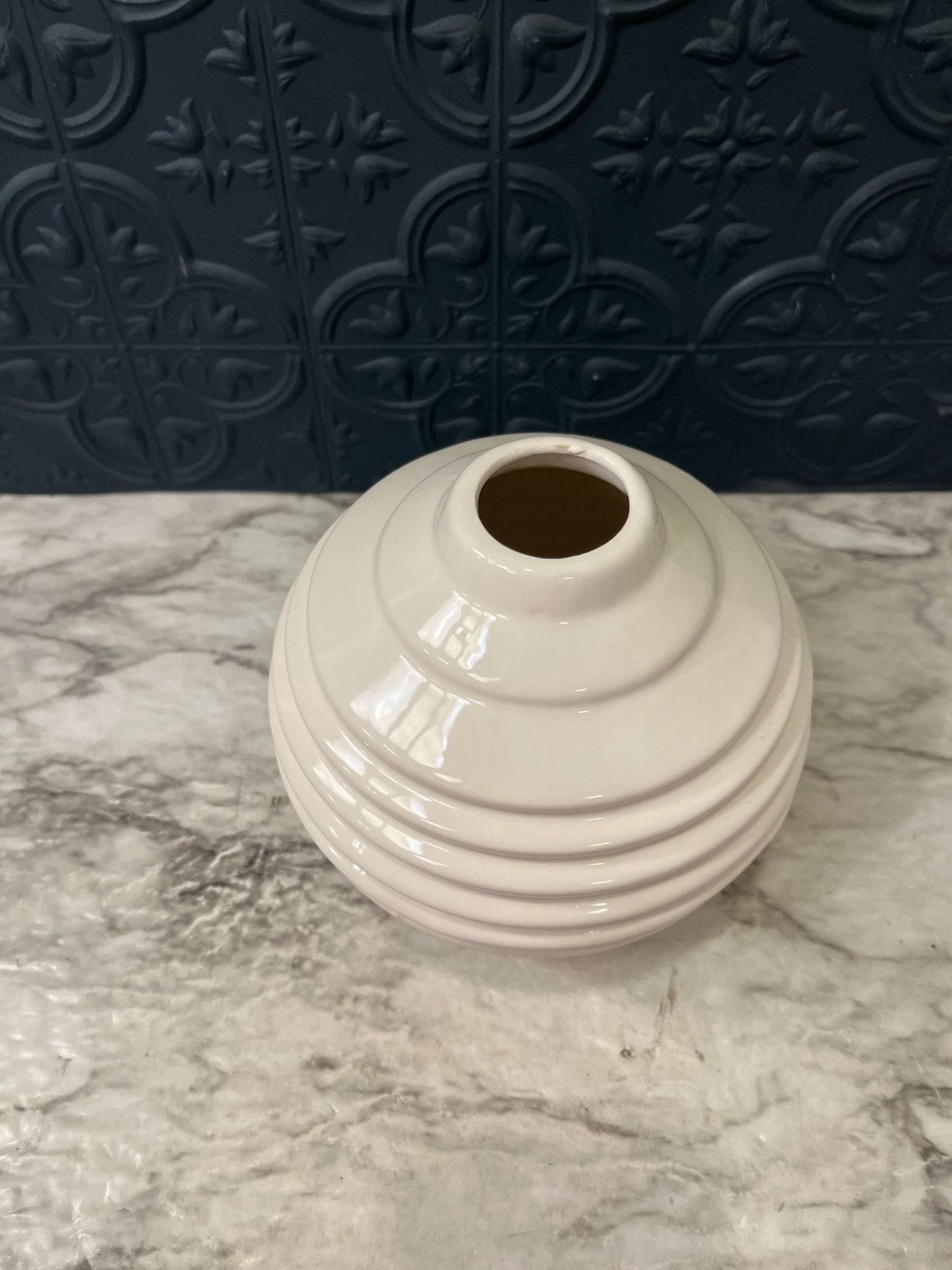 Round Ribbed White Ceramic Vase