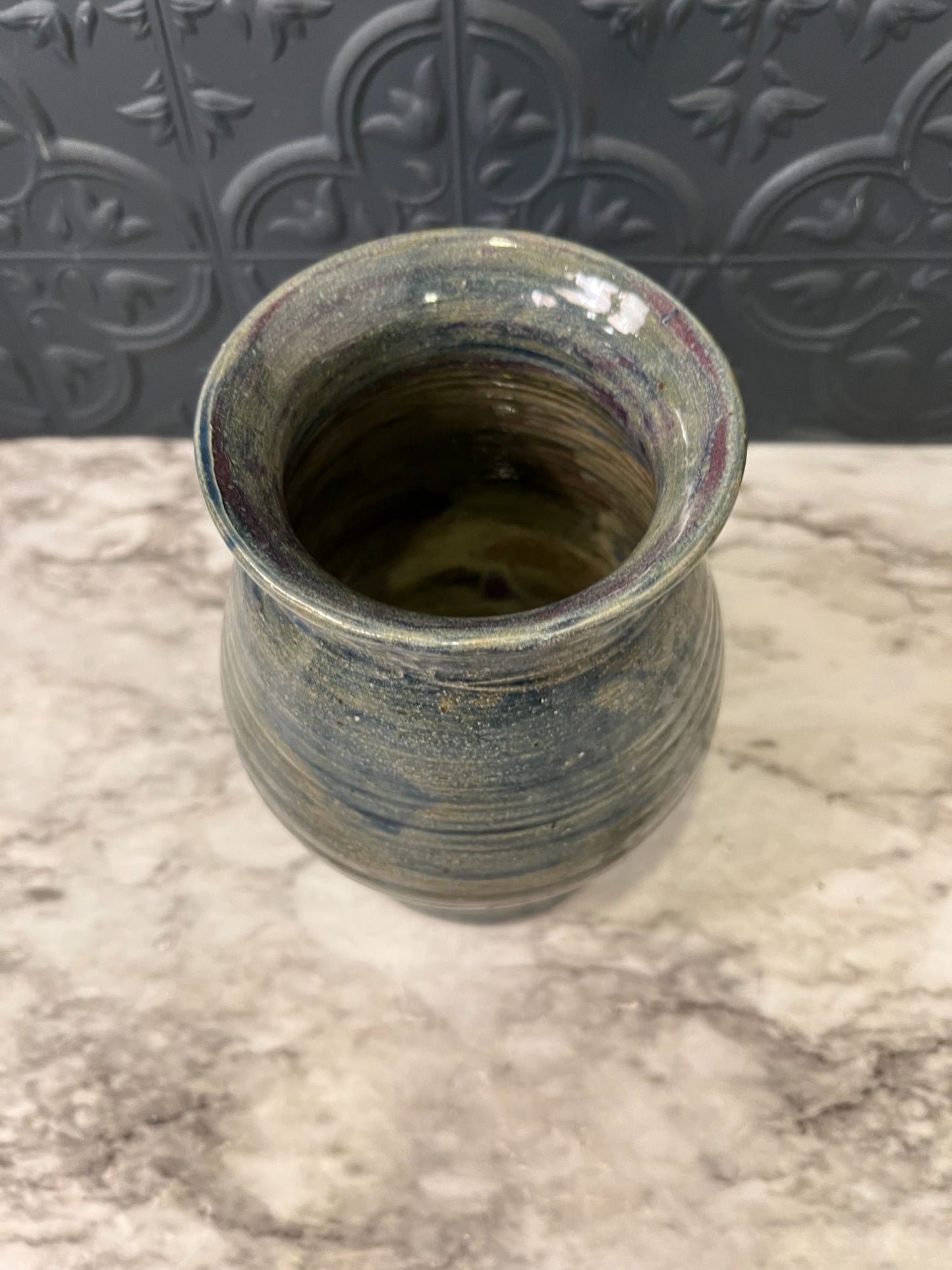 Blue Ribbed Glazed Pottery Vase