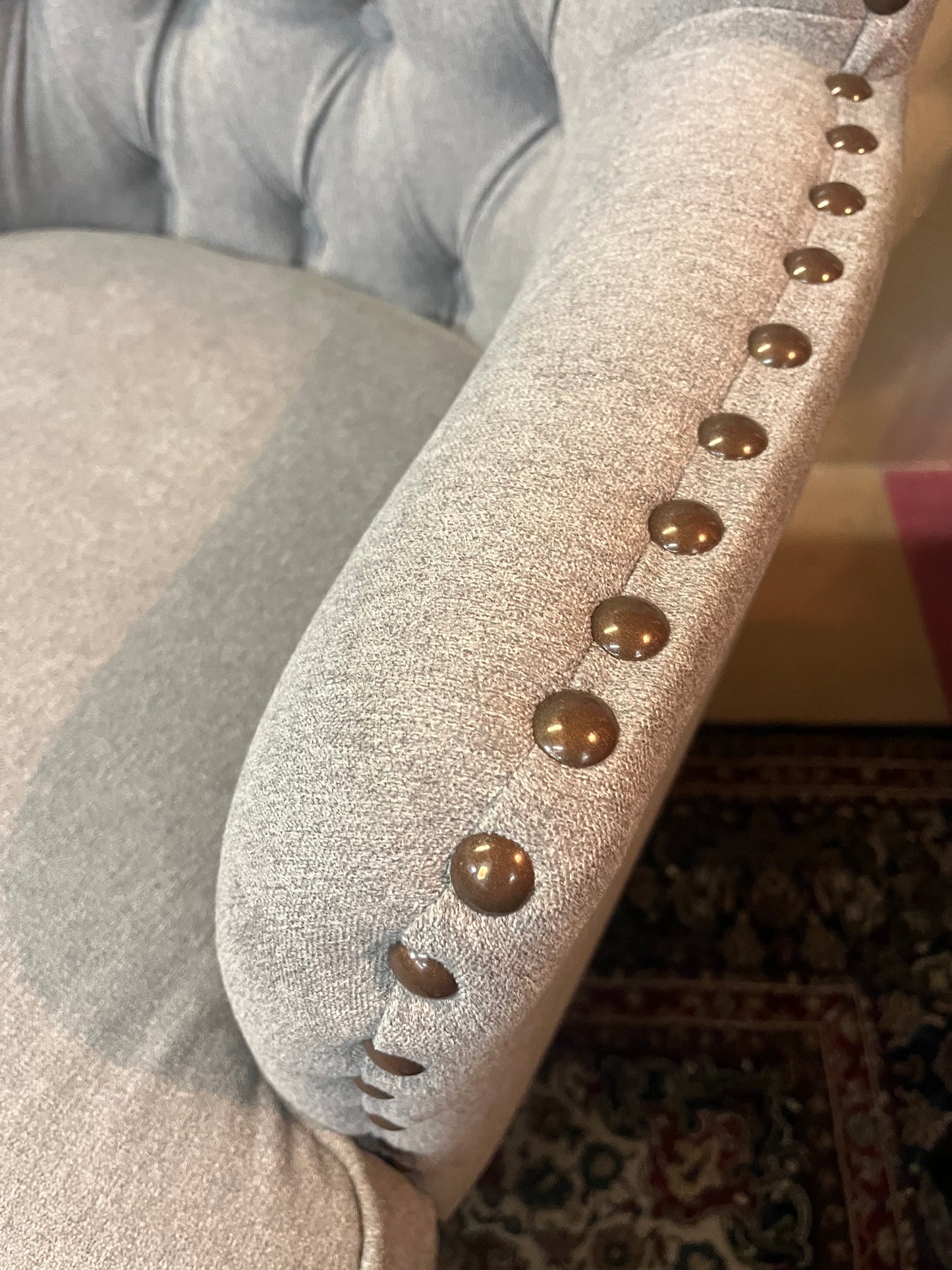 Grey Chair with Rivets and Ottoman