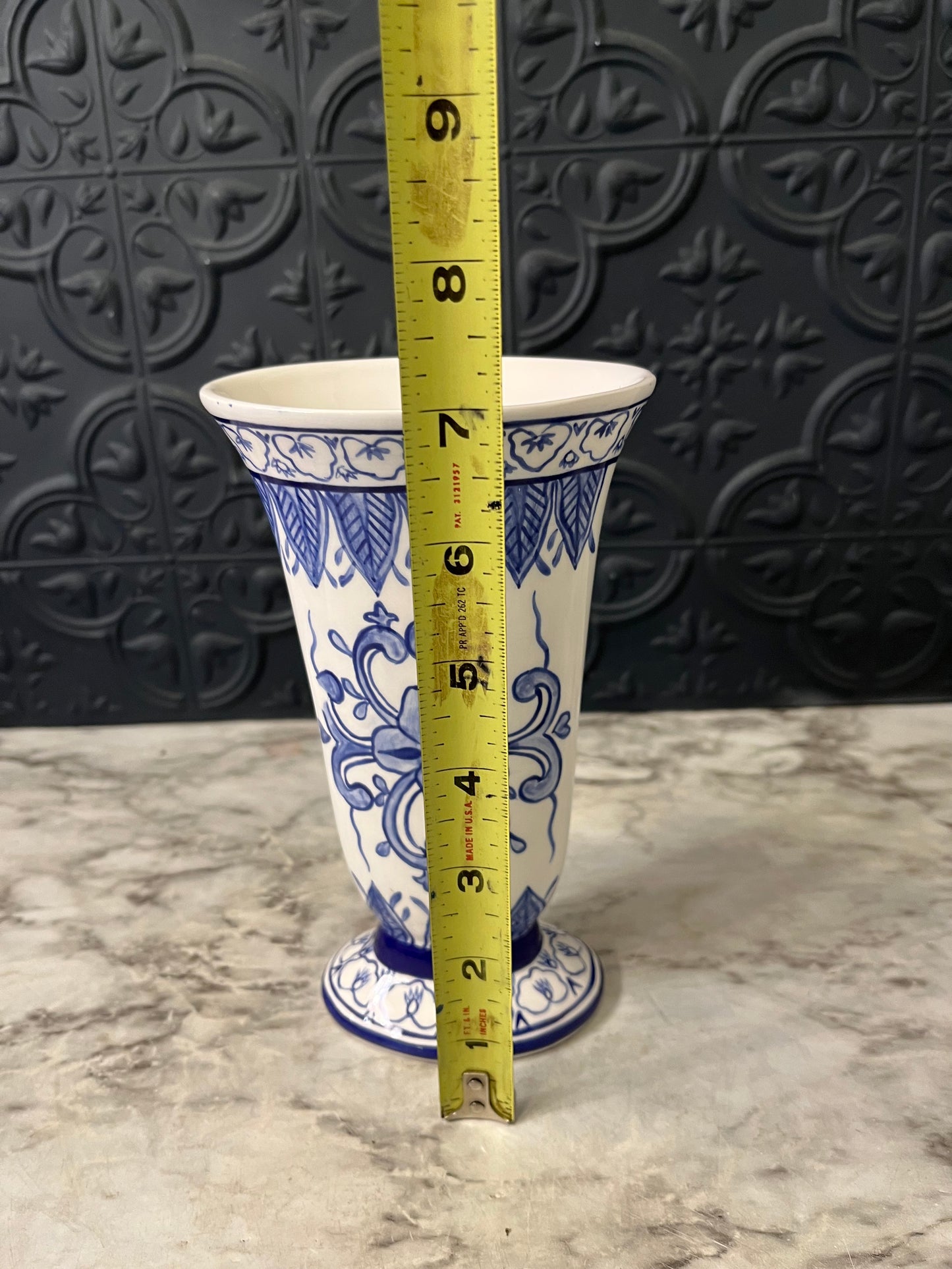 Vintage Blue and White Vase Oblong Trumpet Style