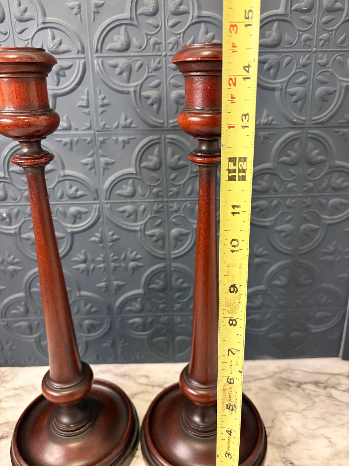 Set of two Turned Wood Candle Holders 14.5"