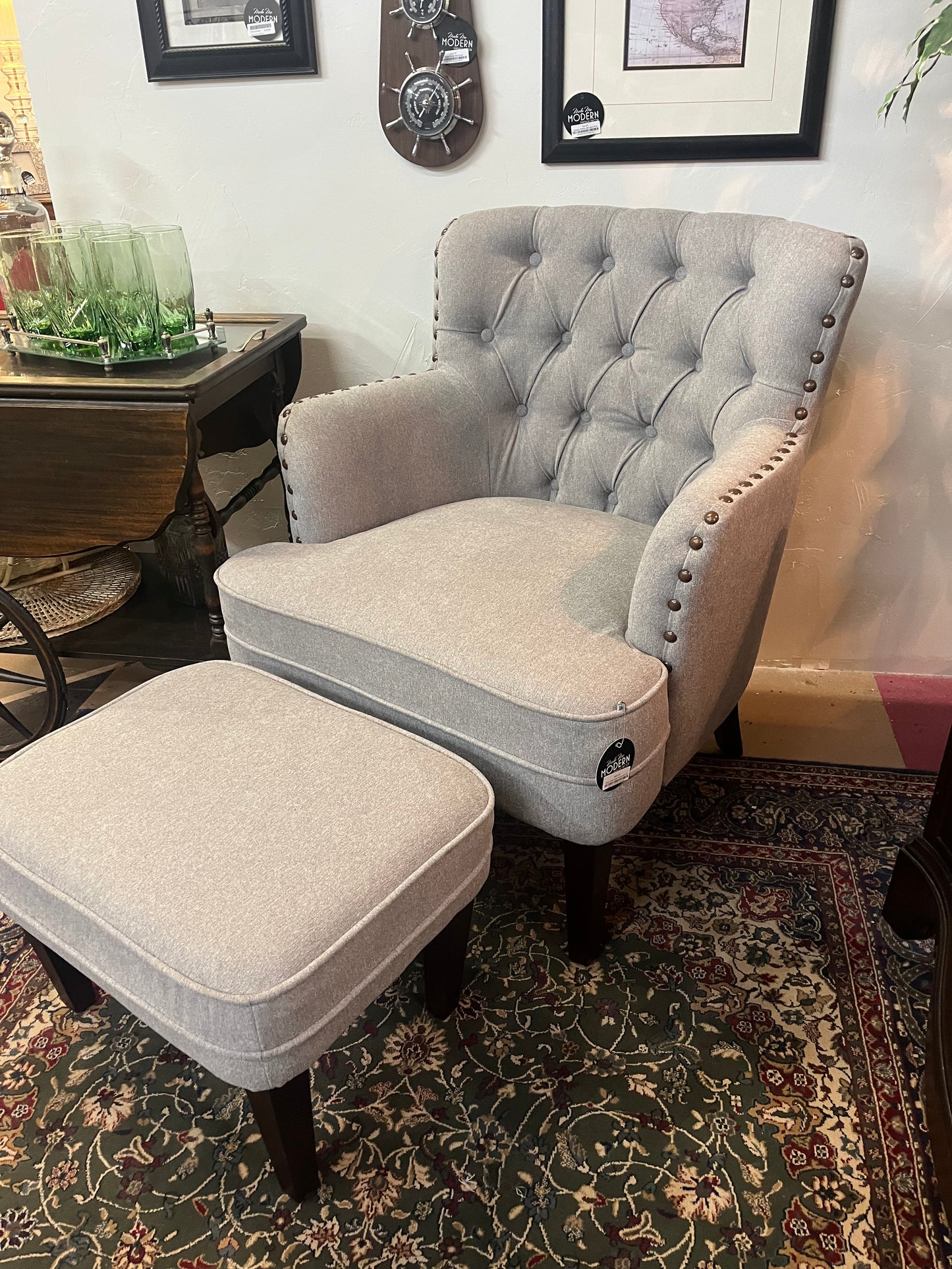 Grey Chair with Rivets and Ottoman