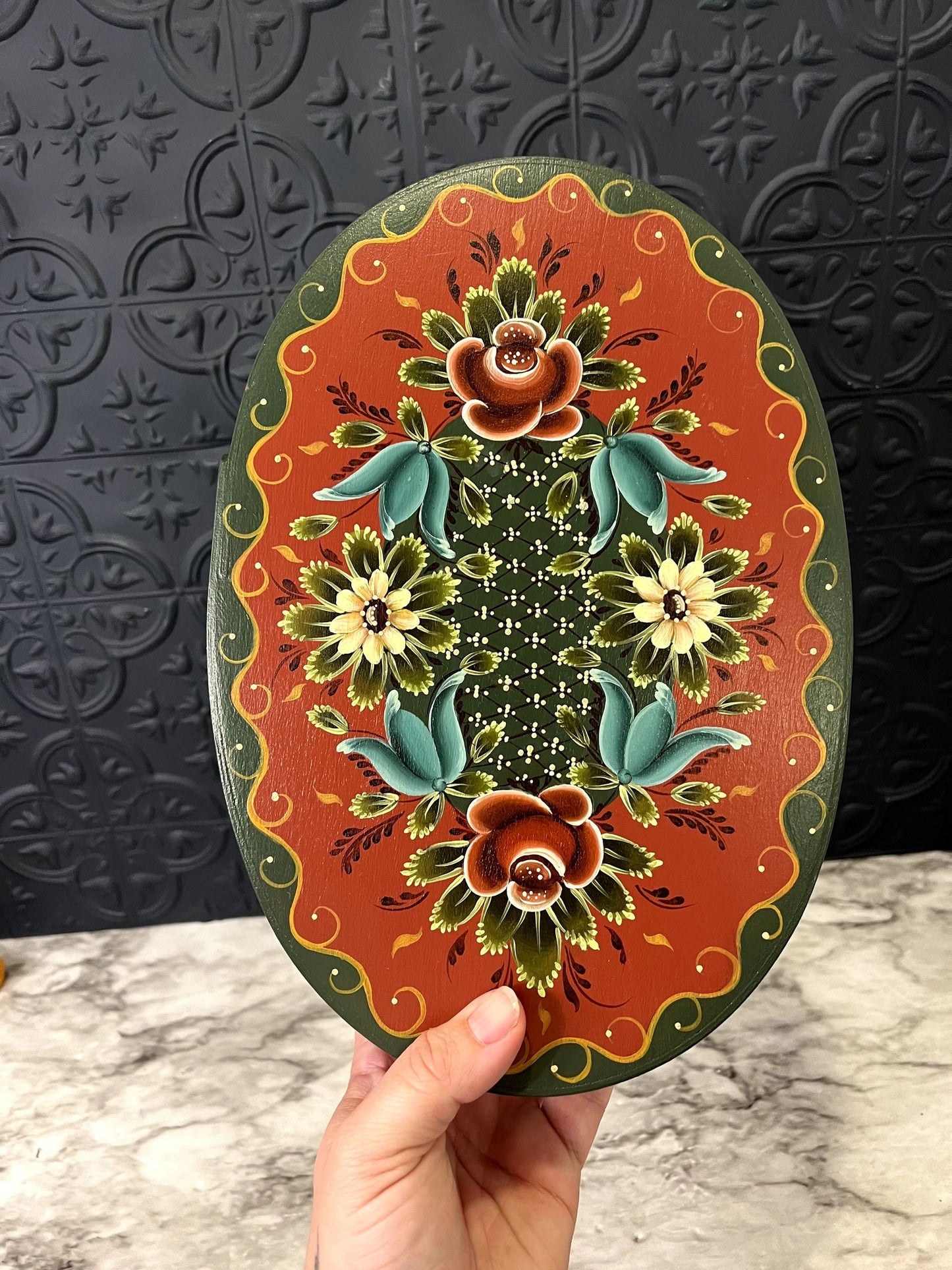 Hand Painted Red and Green Oval Box