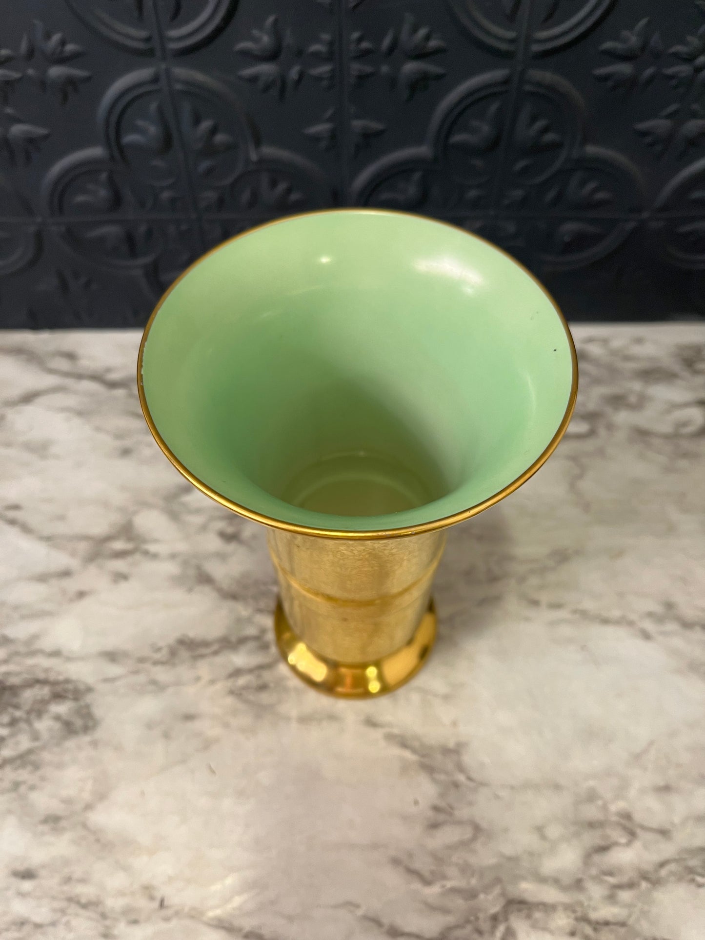 Pickard Gold Encrusted Trumpet vase with Green