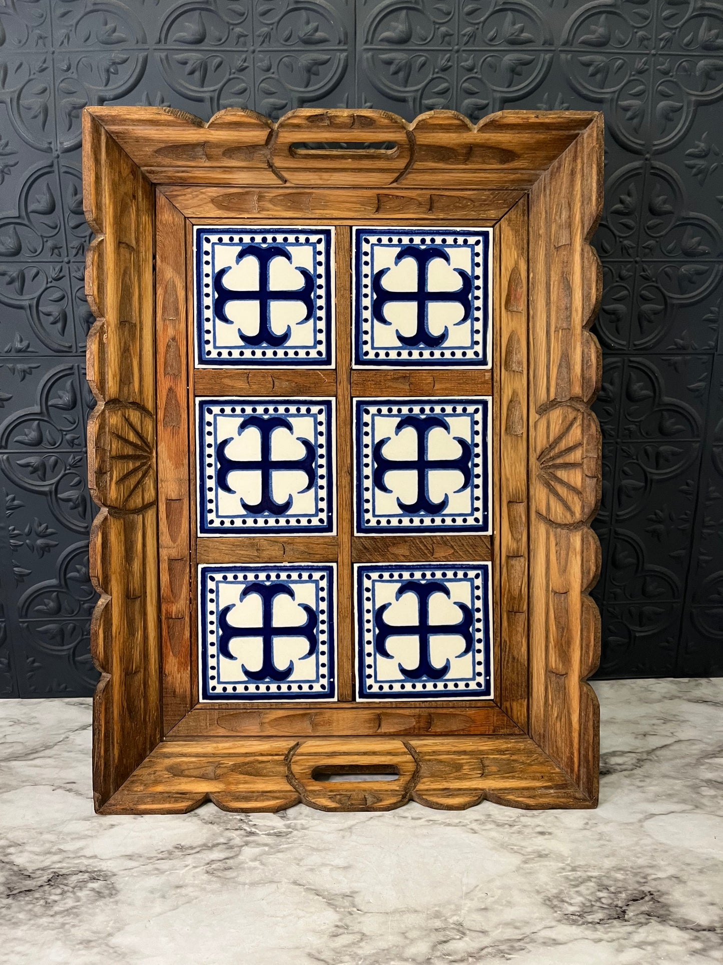 Carved Wood Serving Tray with Blue and White Tiles