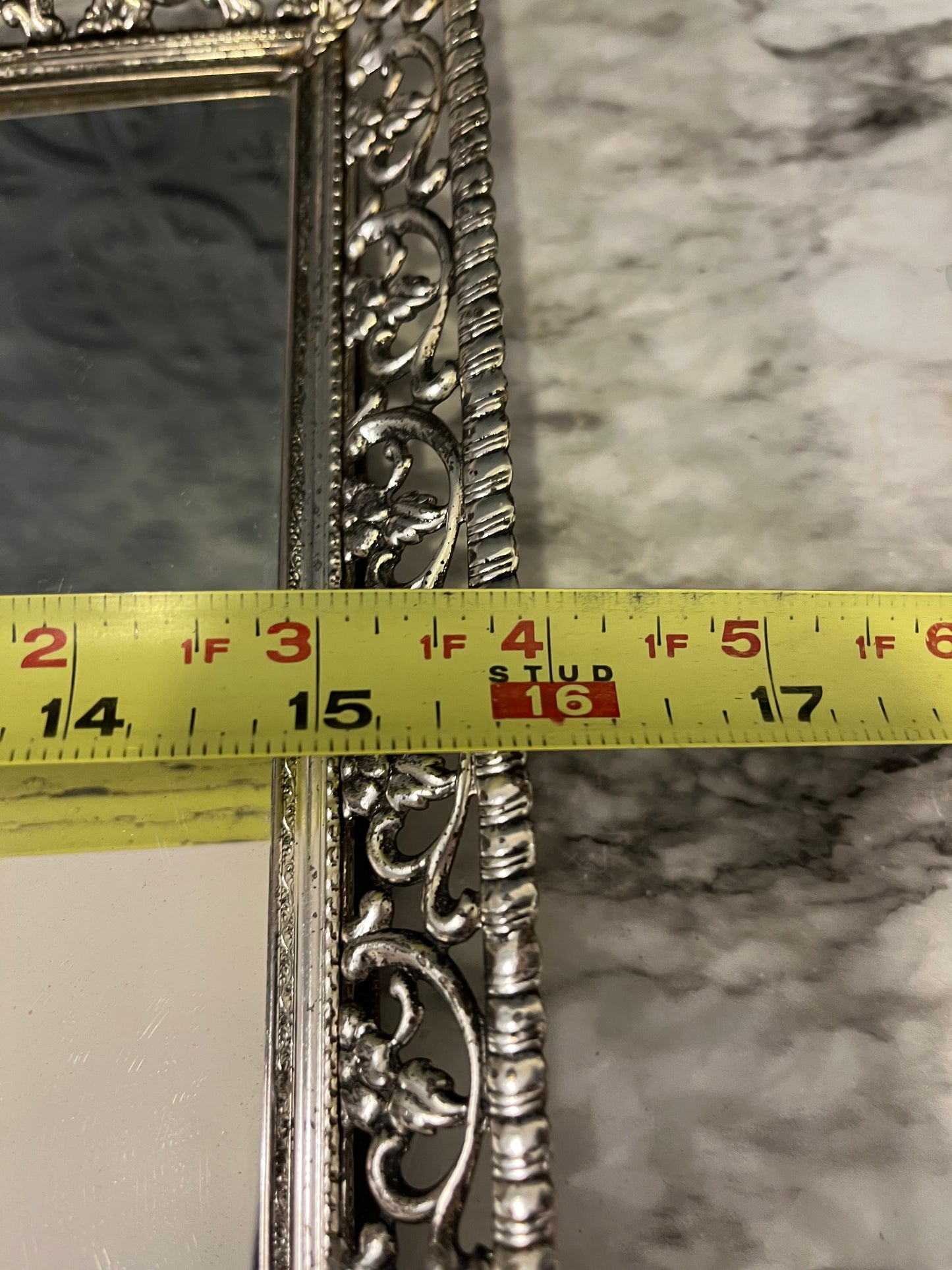 Rectangle mirror tray with silver tone filligree