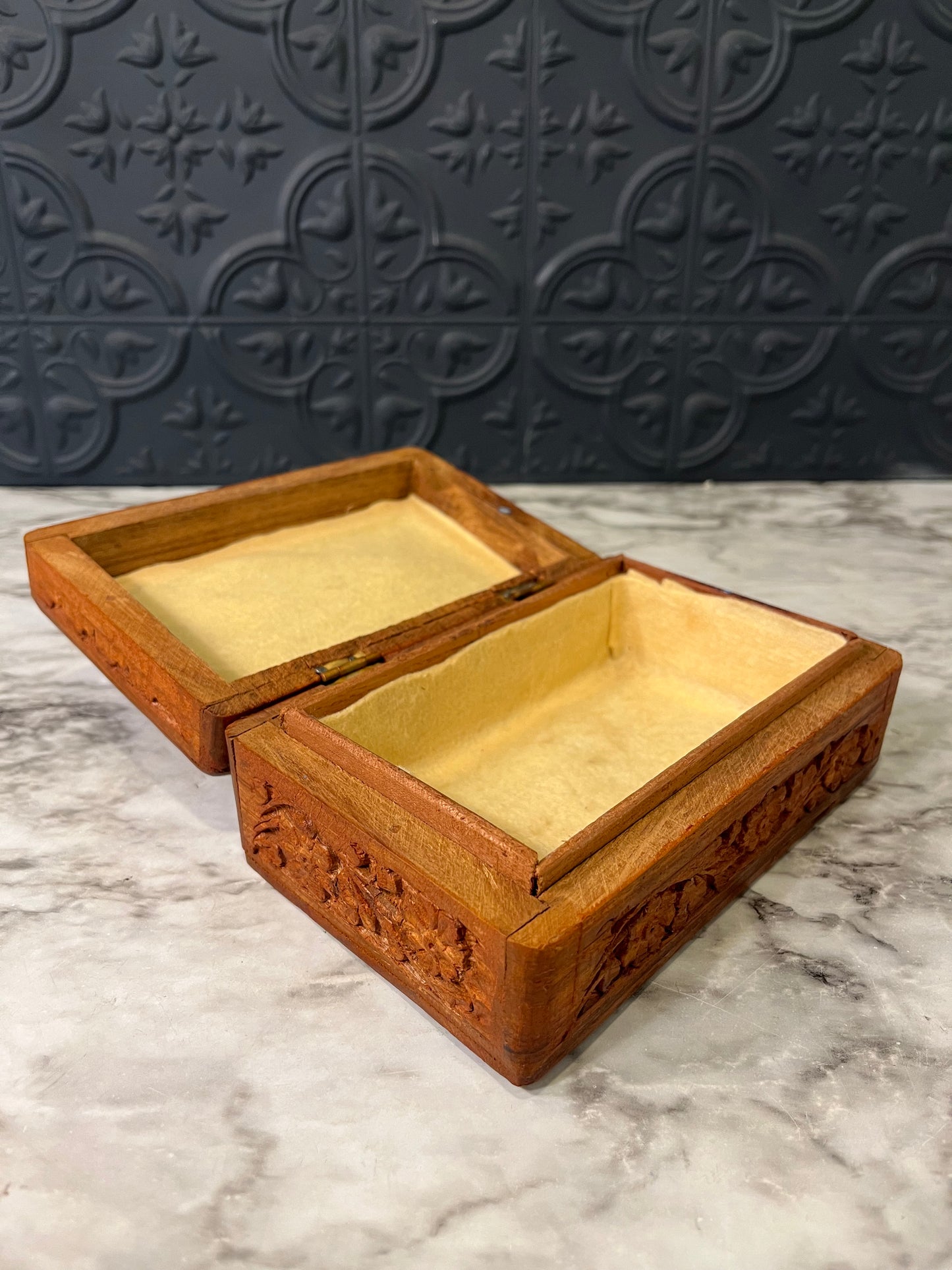 Carved Wood Box with 2 Brass Leaf inlay