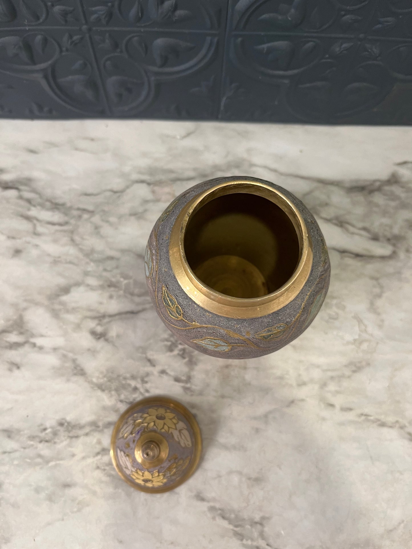 Brass and Enamel Urn with Sunflower