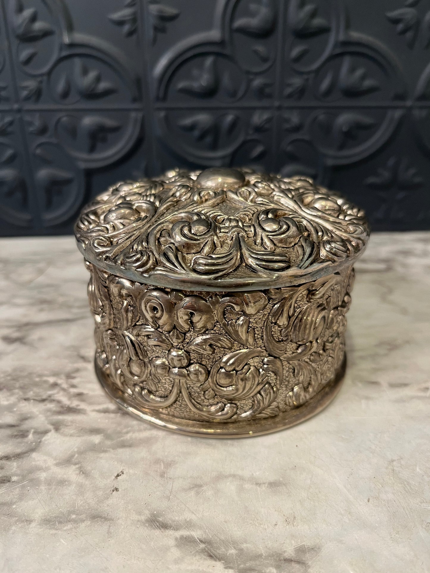 Ornate Round Trinket box with Blue Velvet interior