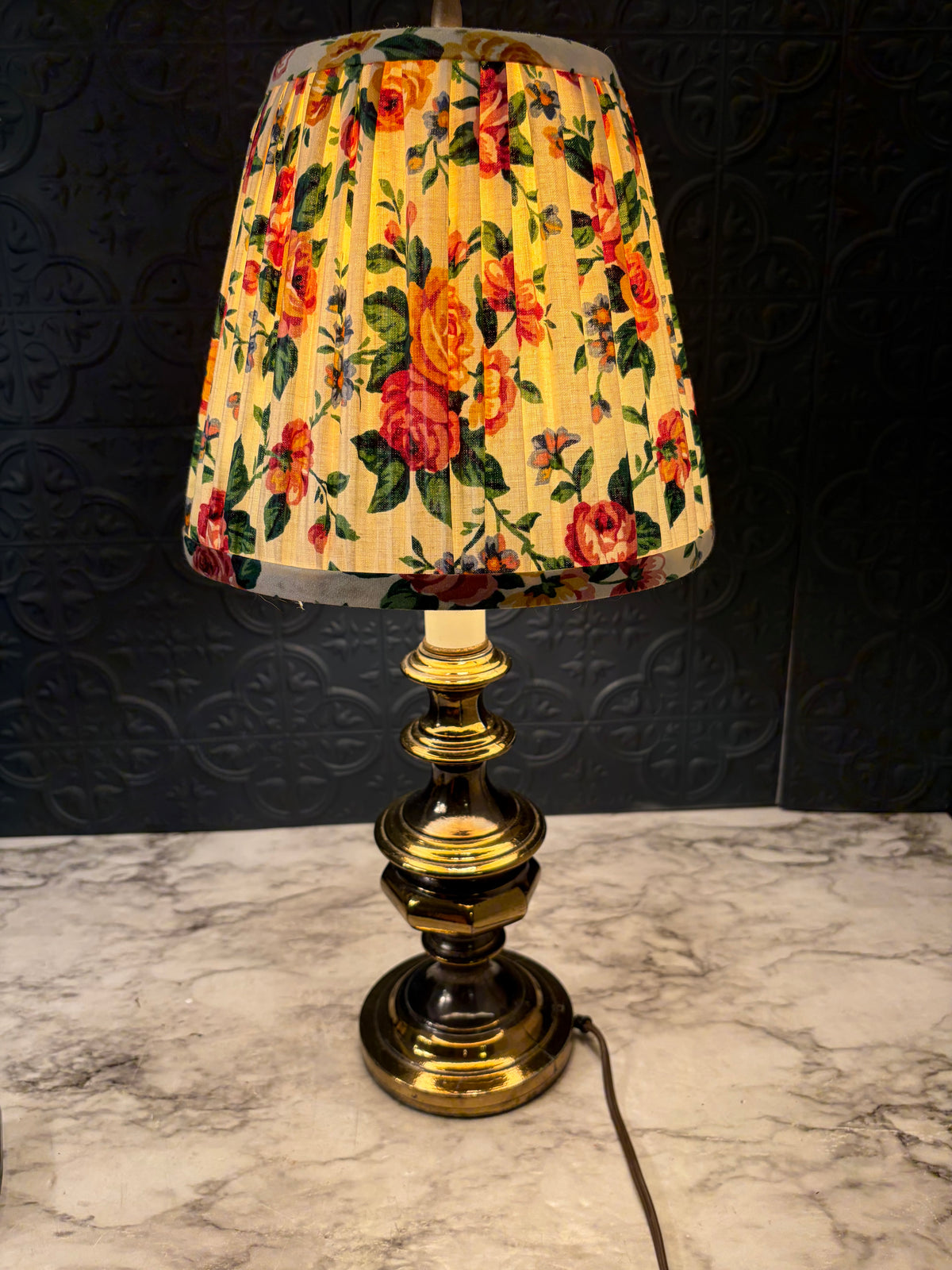 Brass Table Lamp with Floral Pleated Shade