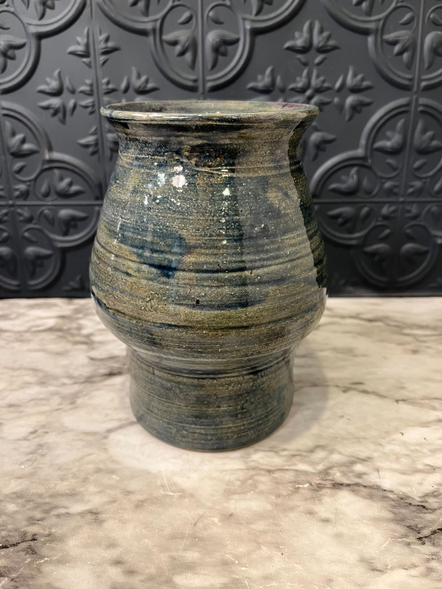 Blue Ribbed Glazed Pottery Vase