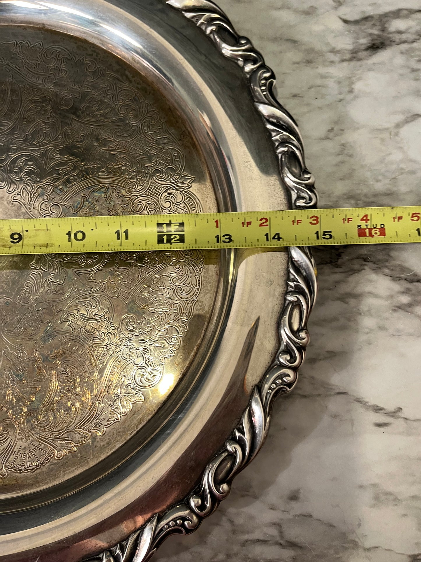 Silver Plate Tray Round 15" Etched