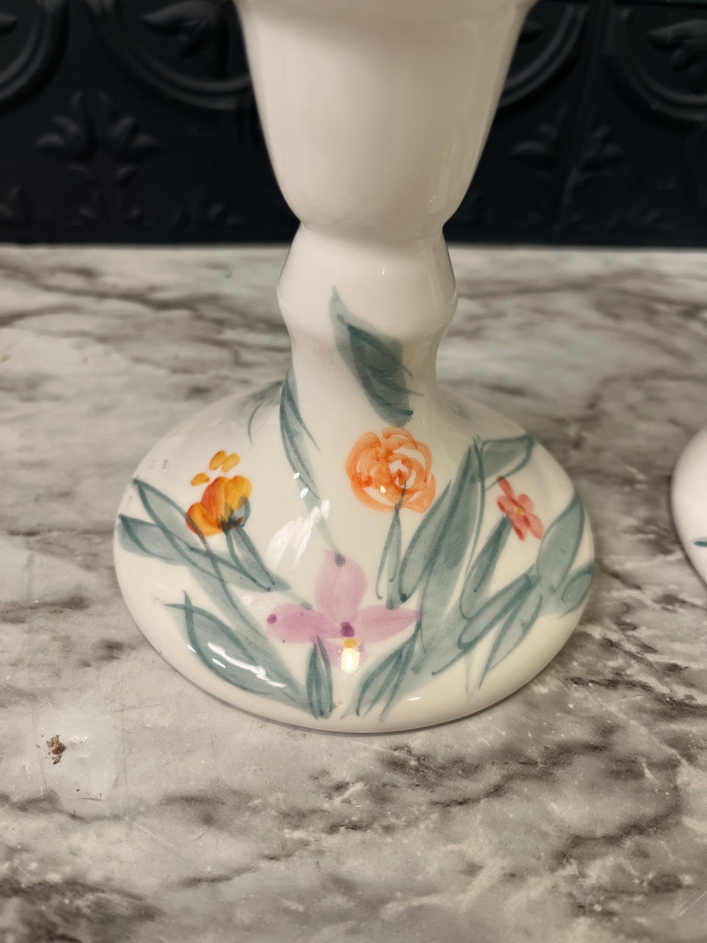Porcelain set of Candle Holders with Orange and Pink flowers