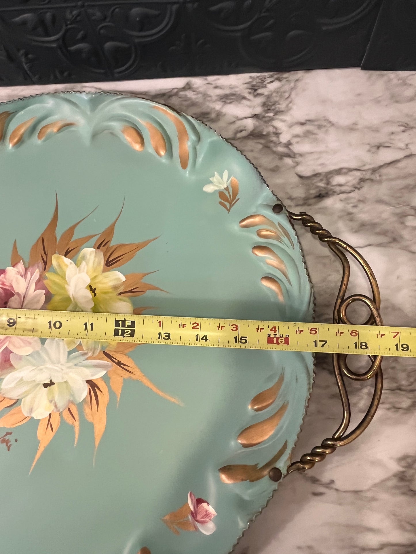 Large Hand painted Tray with Brass Handles Teal