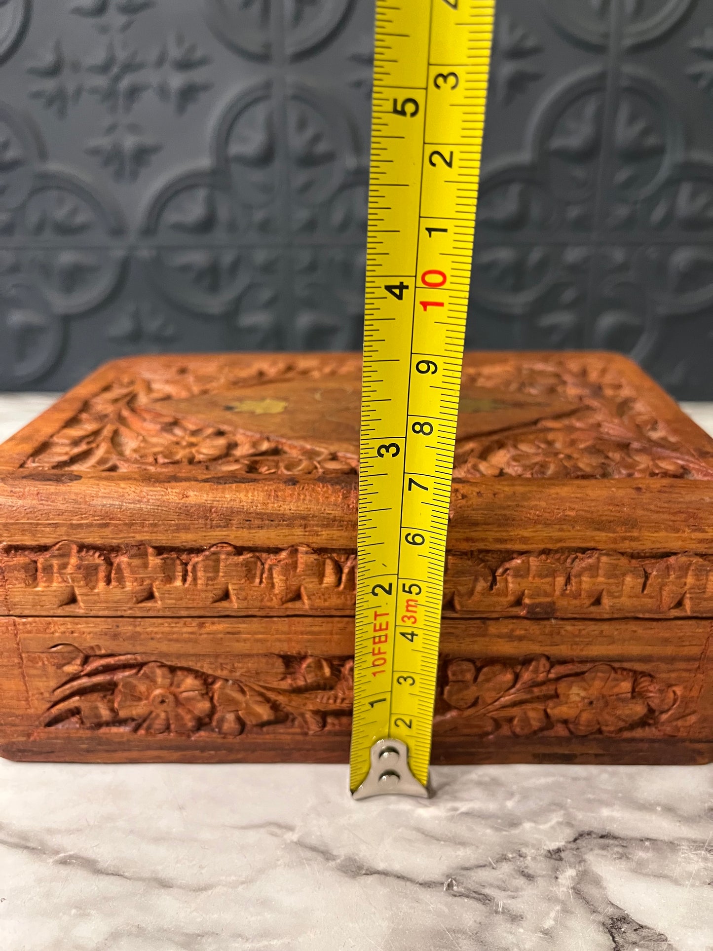 Carved Wood Box with 2 Brass Leaf inlay