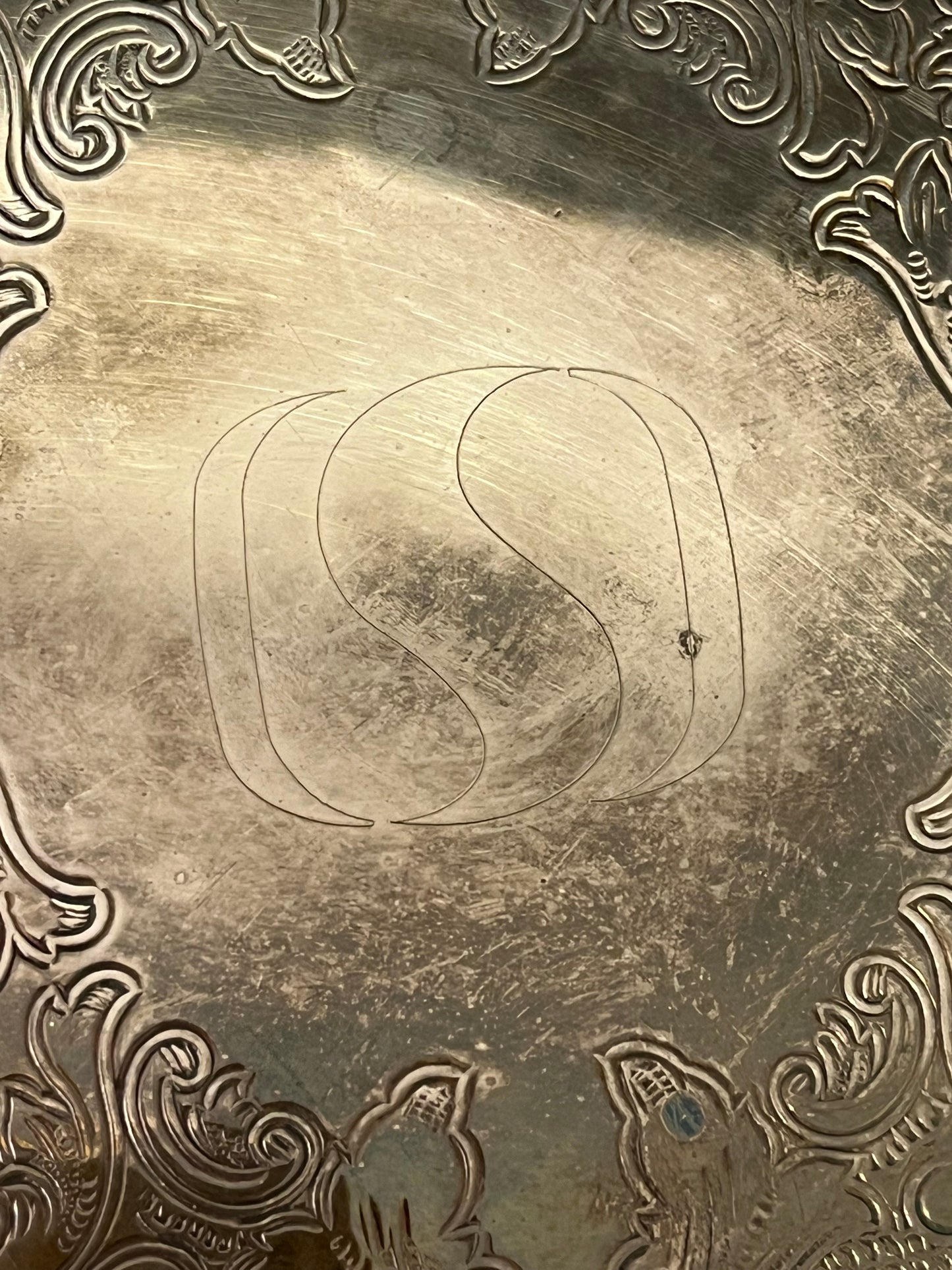 Silver Plate Tray Round 15" Etched