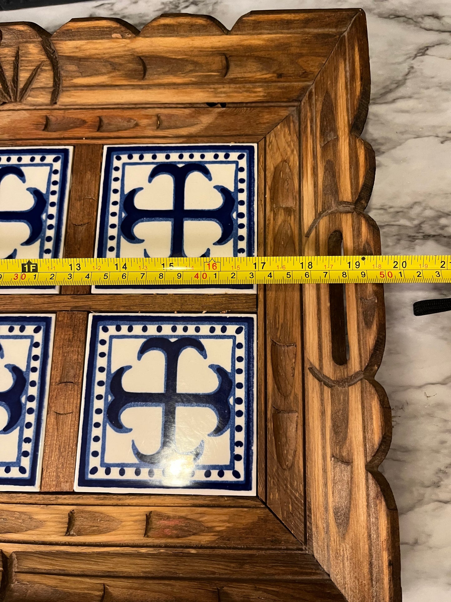 Carved Wood Serving Tray with Blue and White Tiles
