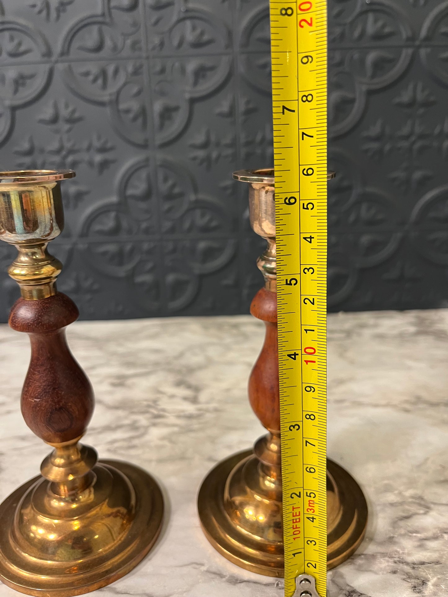 Brass and Wood Candle Holder x 2