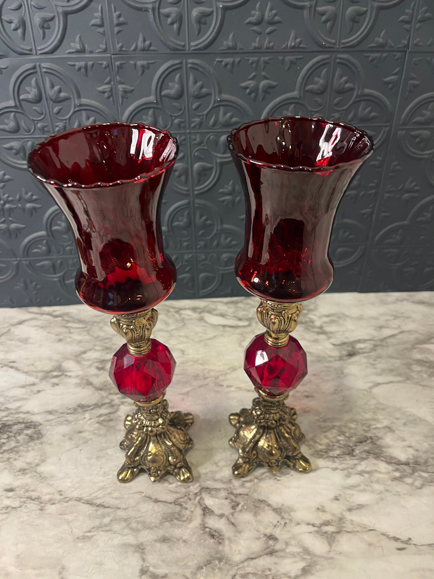 Hollywood Regency ruby Red Votive Candle Holder x 2
