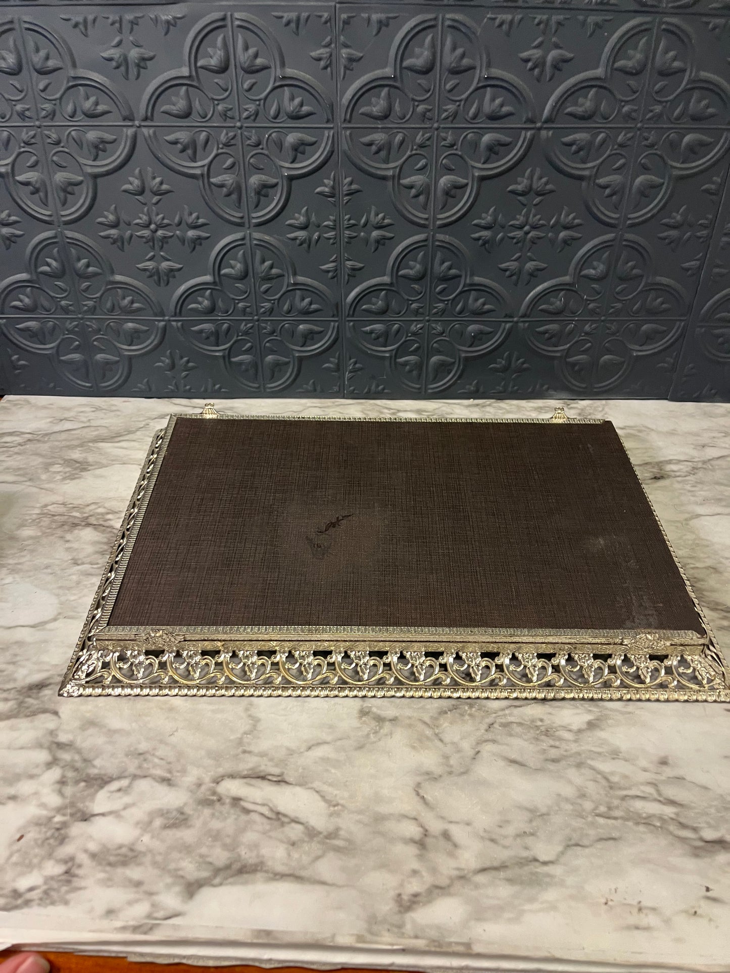 Rectangle mirror tray with silver tone filligree
