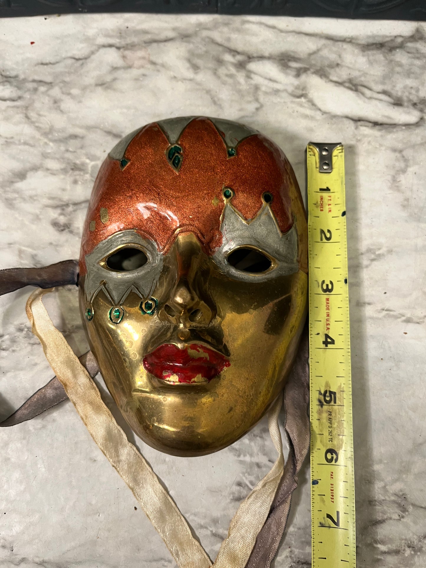 Brass and Enamel Decorative Mask Orange