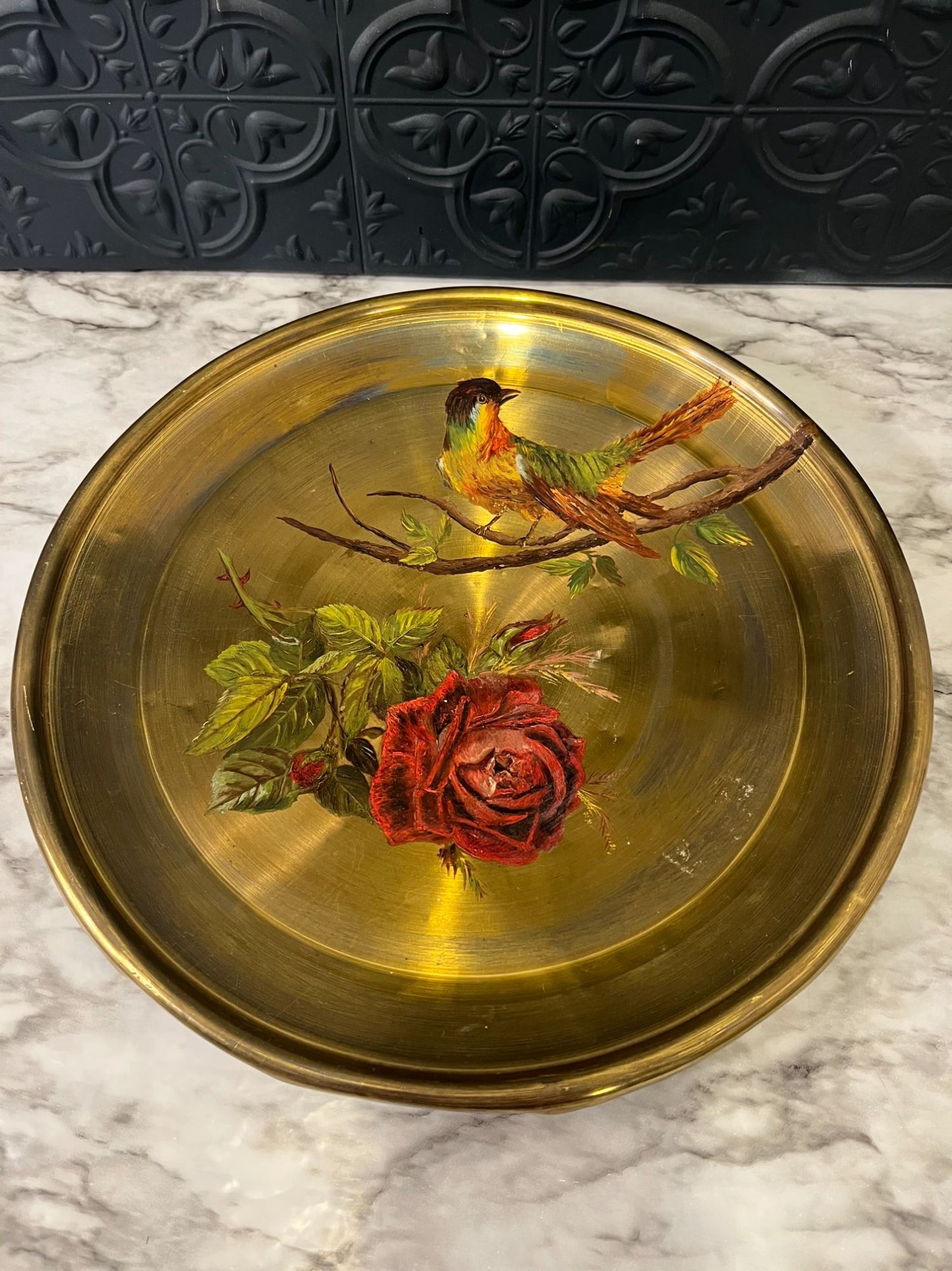 Brass Tray with Painted Bird and  flower