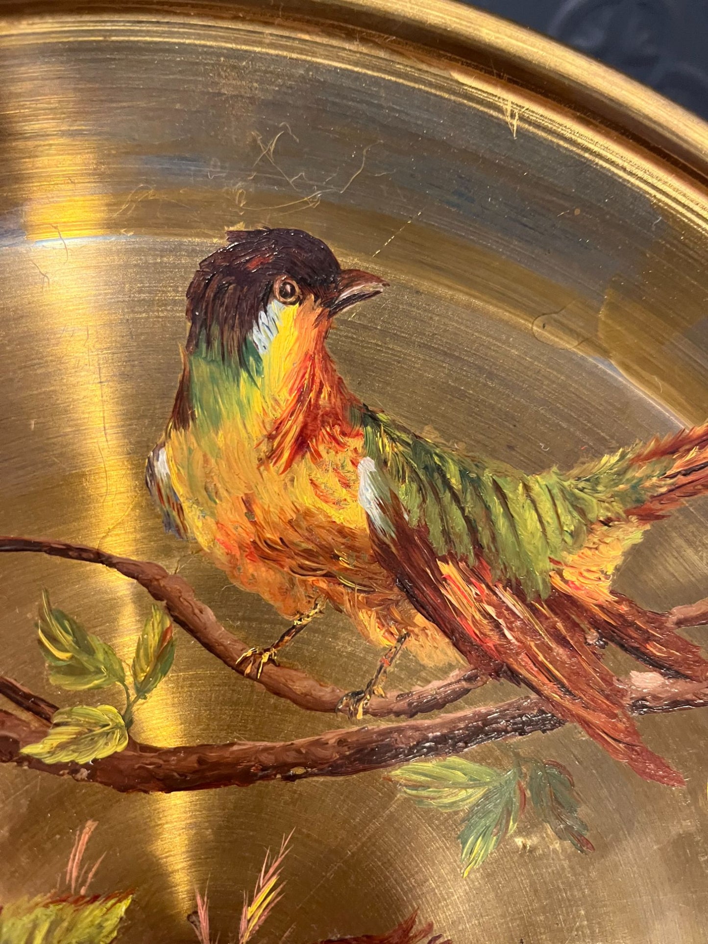 Brass Tray with Painted Bird and  flower