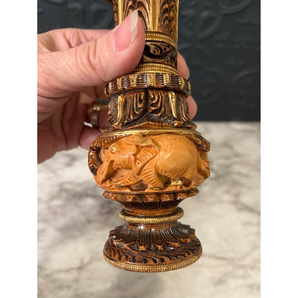 Wood Carved Bud Vase With Elephants