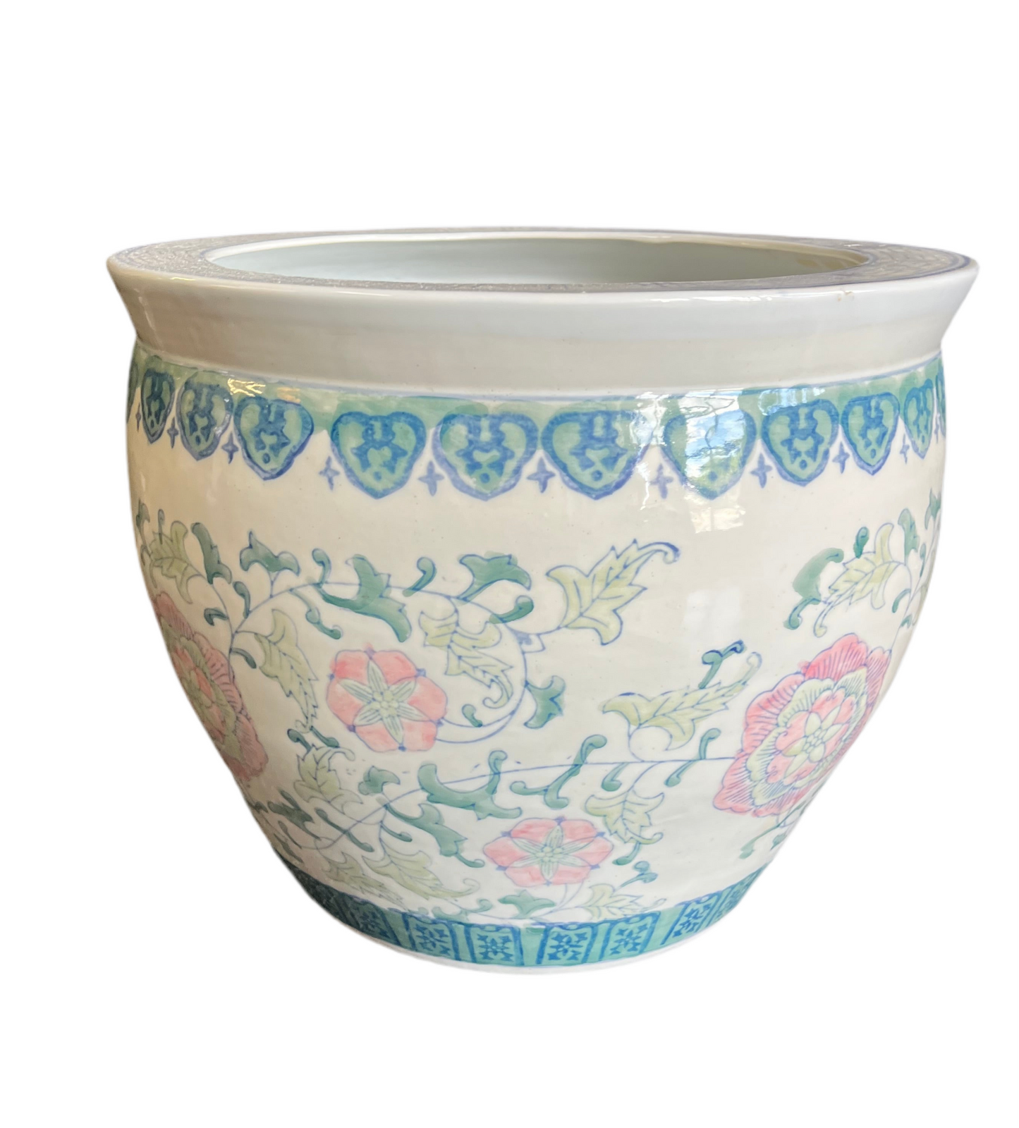 Large Blue and Pink Chinoiserie Fish Bowl Planter