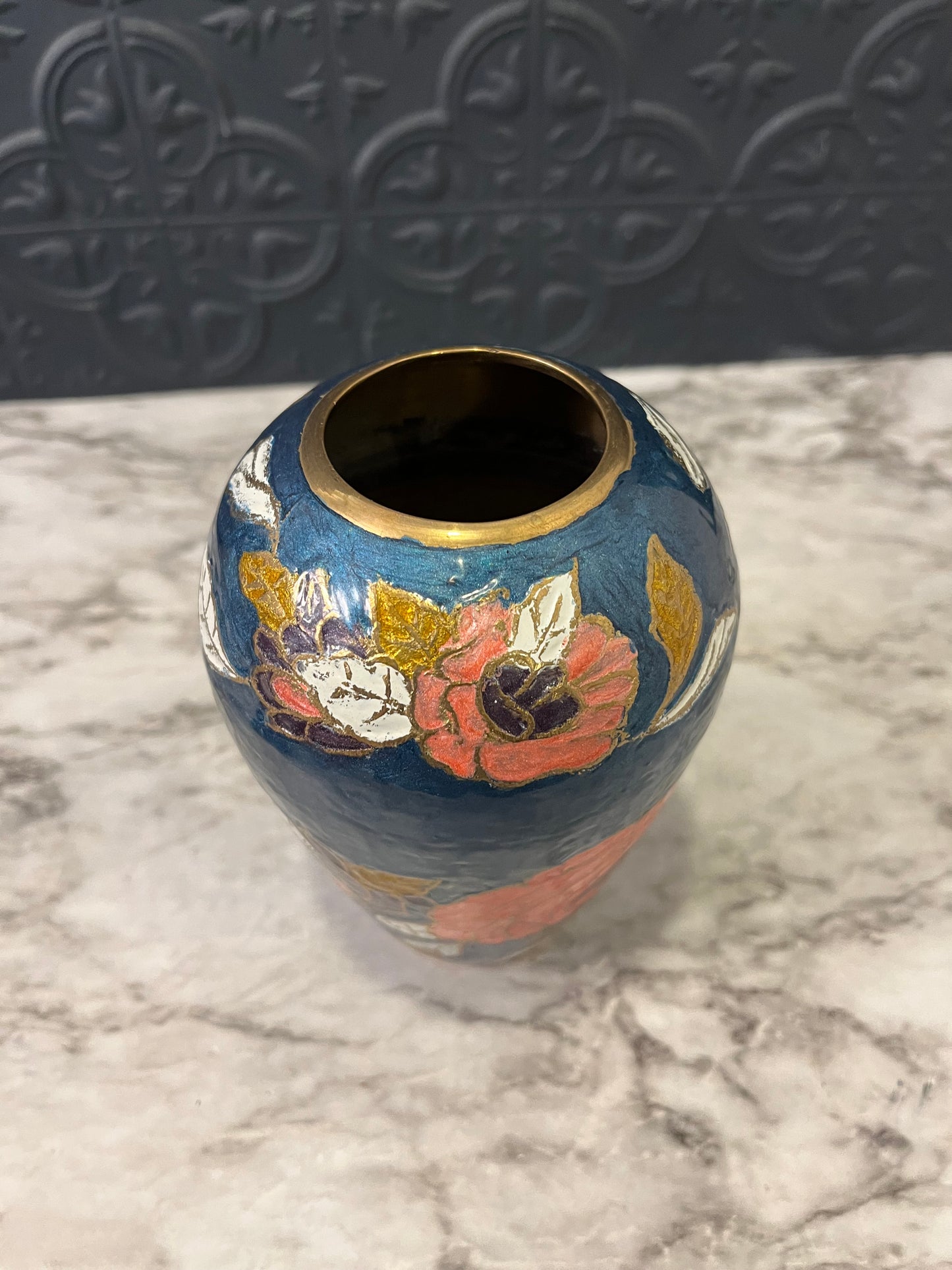 Blue and Peach Brass Cloisonne Vase