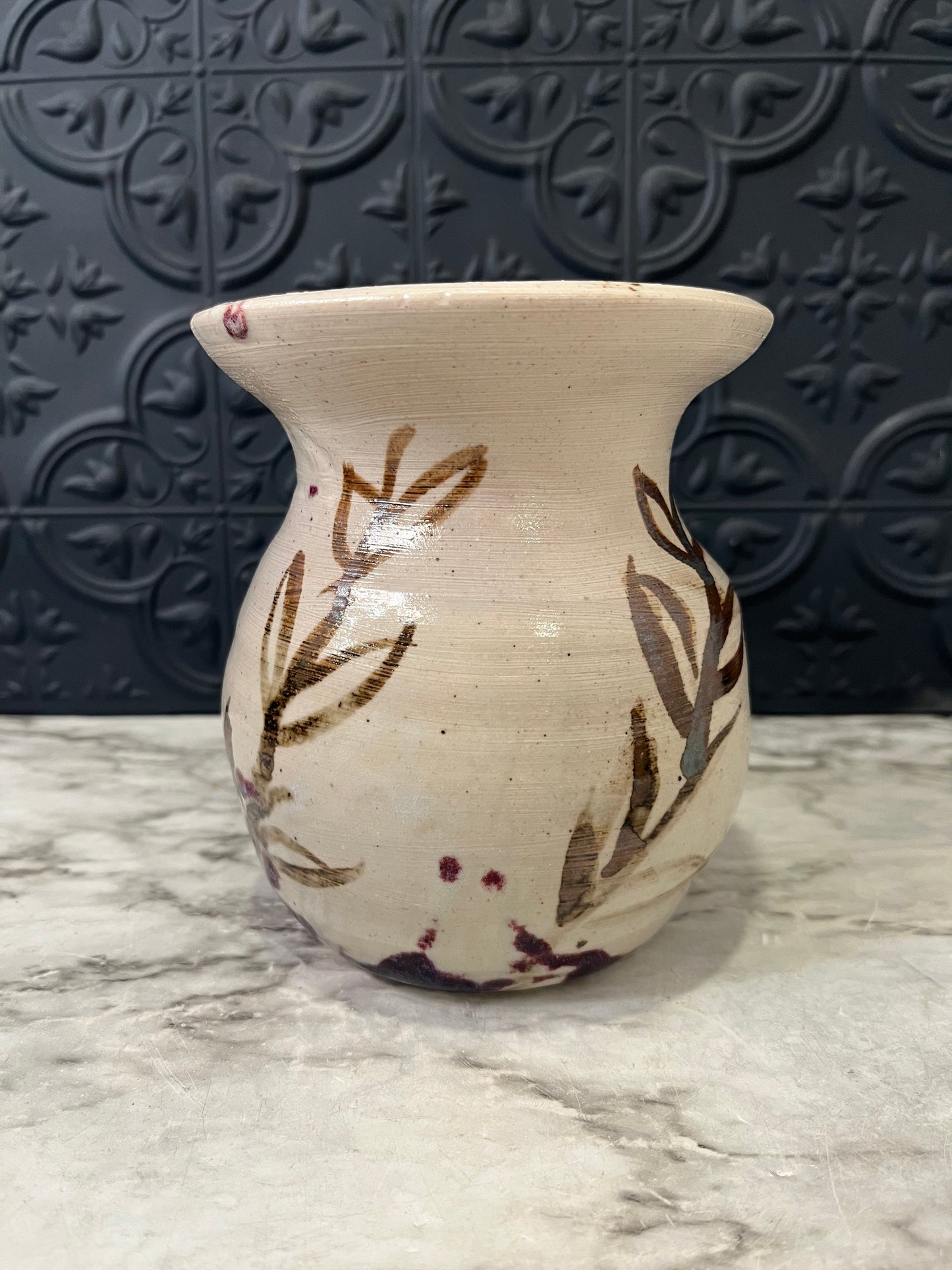 Fluted Cream Pottery Vase with Leaf design