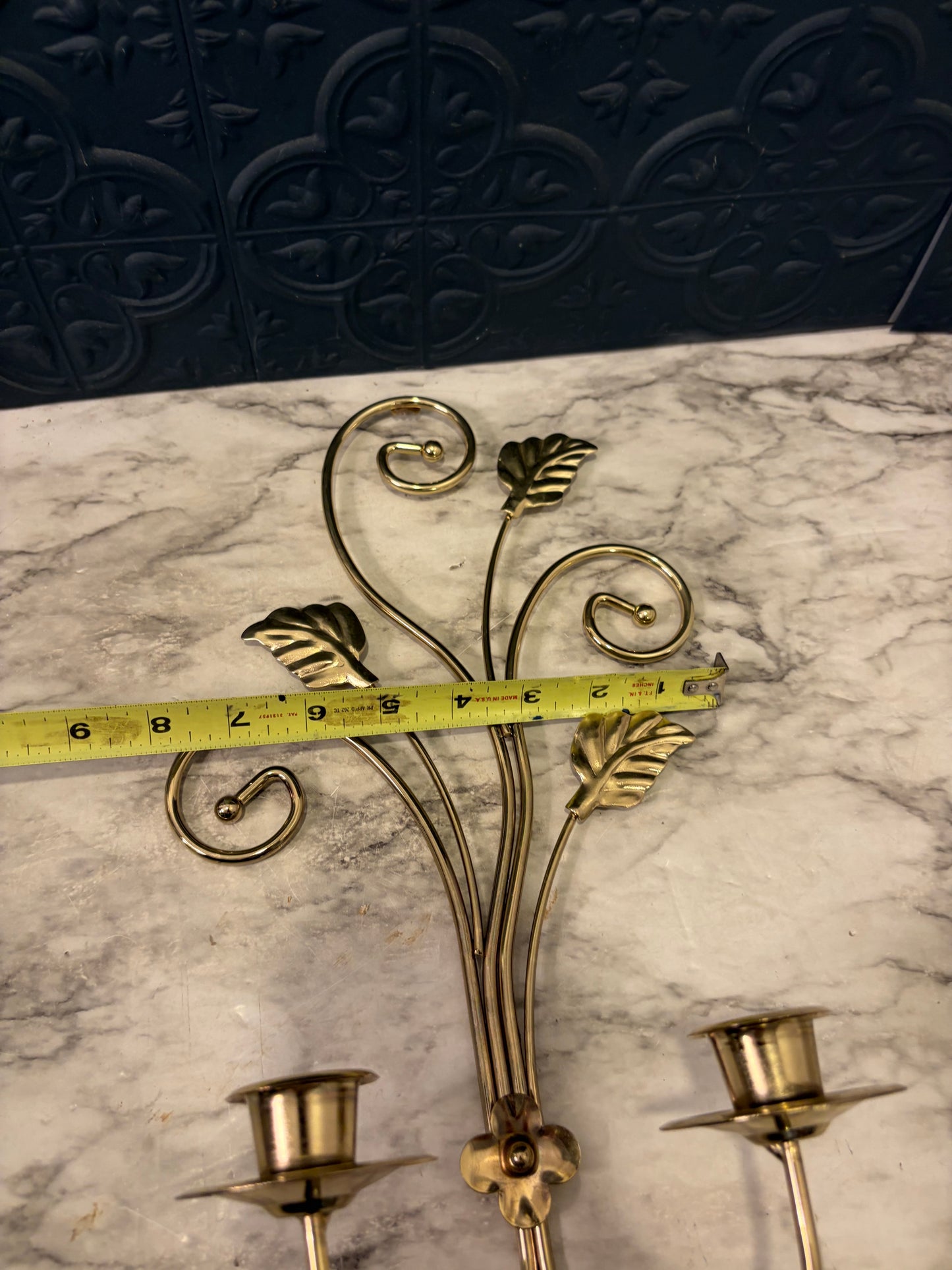 Squiggle Brass Wire Double Candle Sconce with Leaves