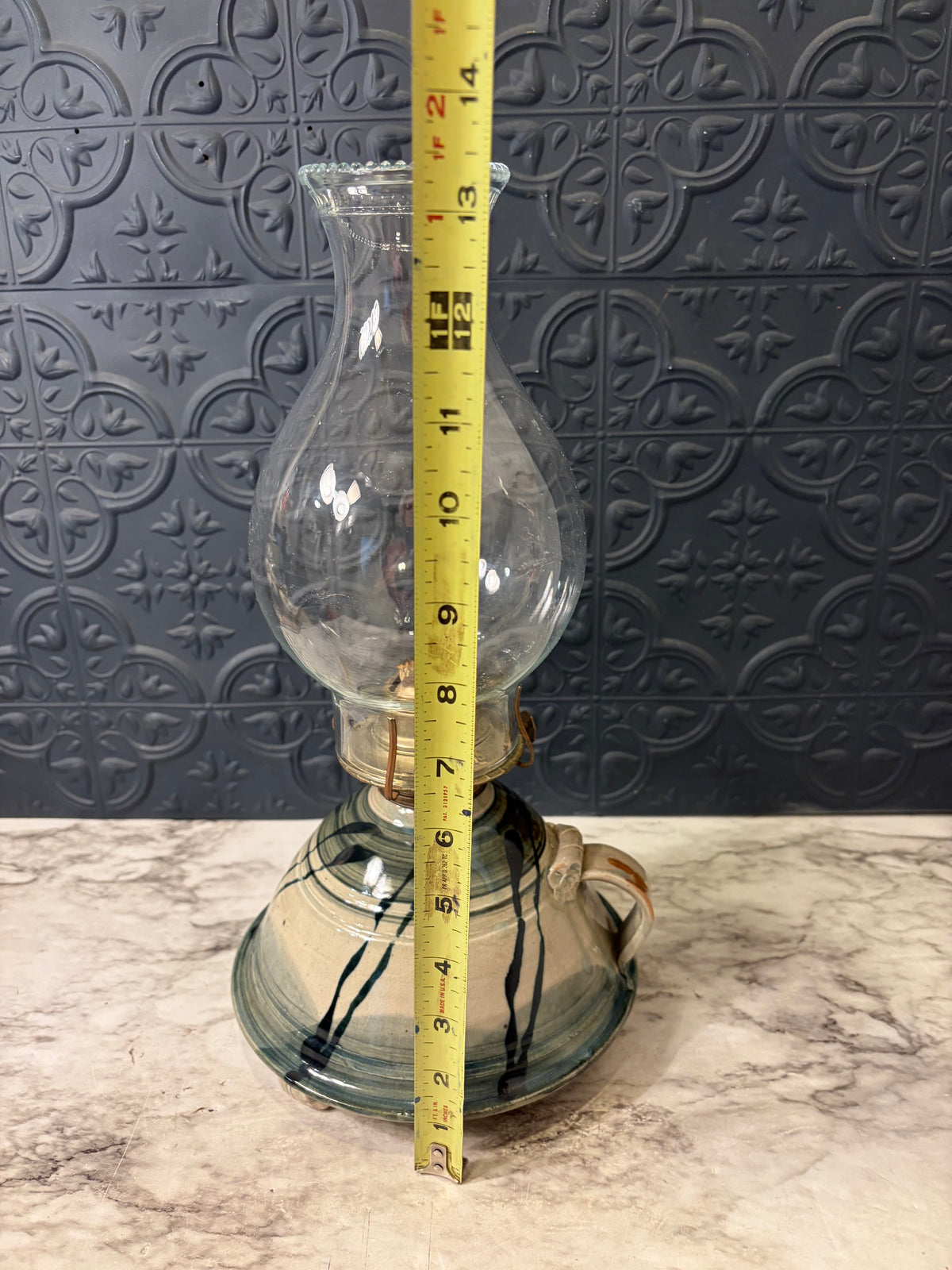 Oil Lamp with Pottery Base and Clear Hurricane