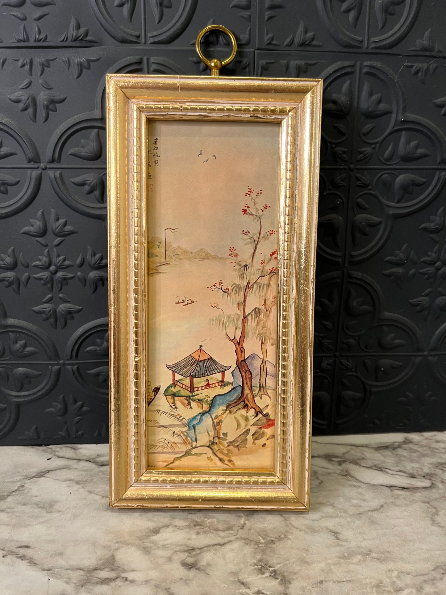 Vintage Japanese Ink Painting Print Flowering Tree