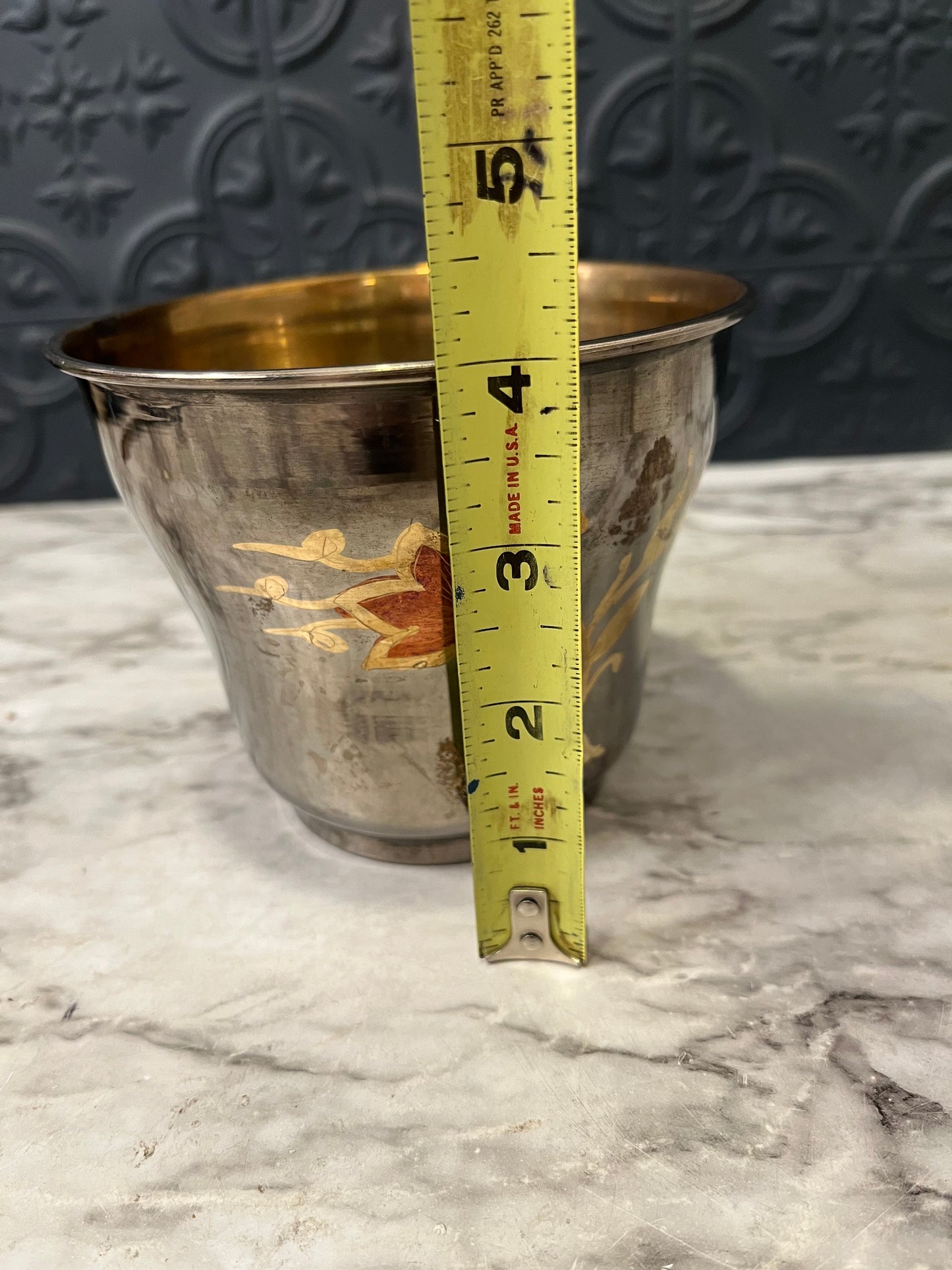 Brass Bowl with Etched Orange Flowers