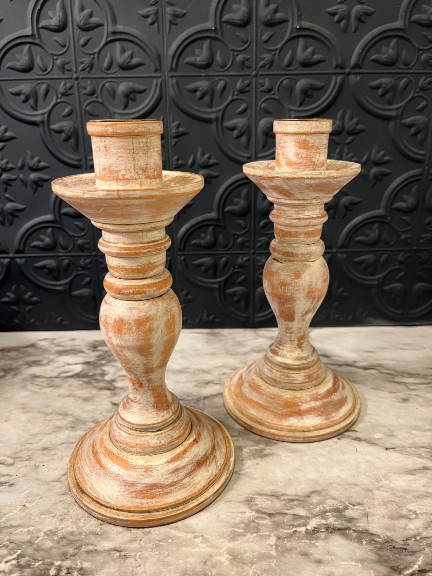 Light Destressed Wood Candle Holders Set of 2