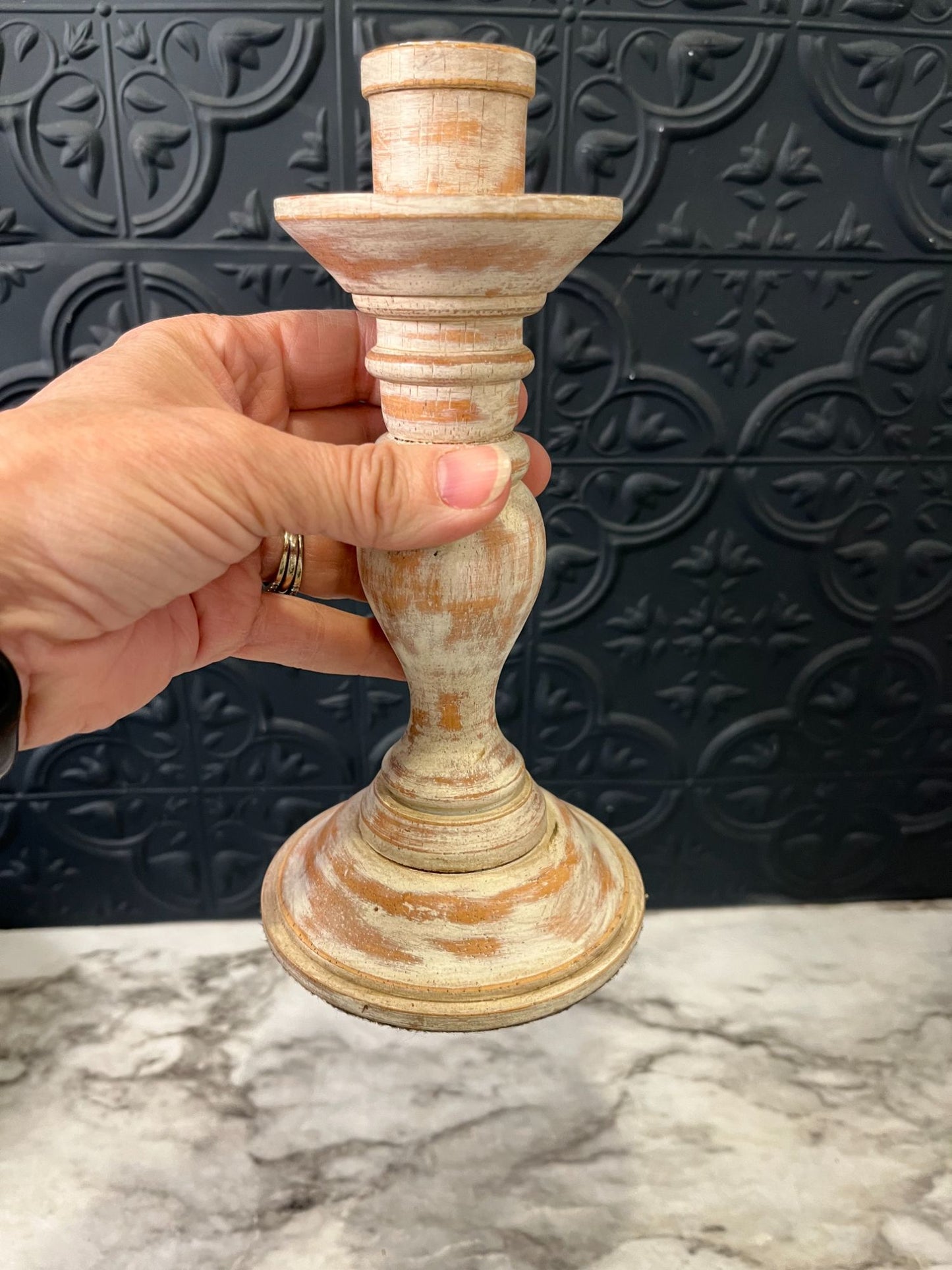 Light Destressed Wood Candle Holders Set of 2