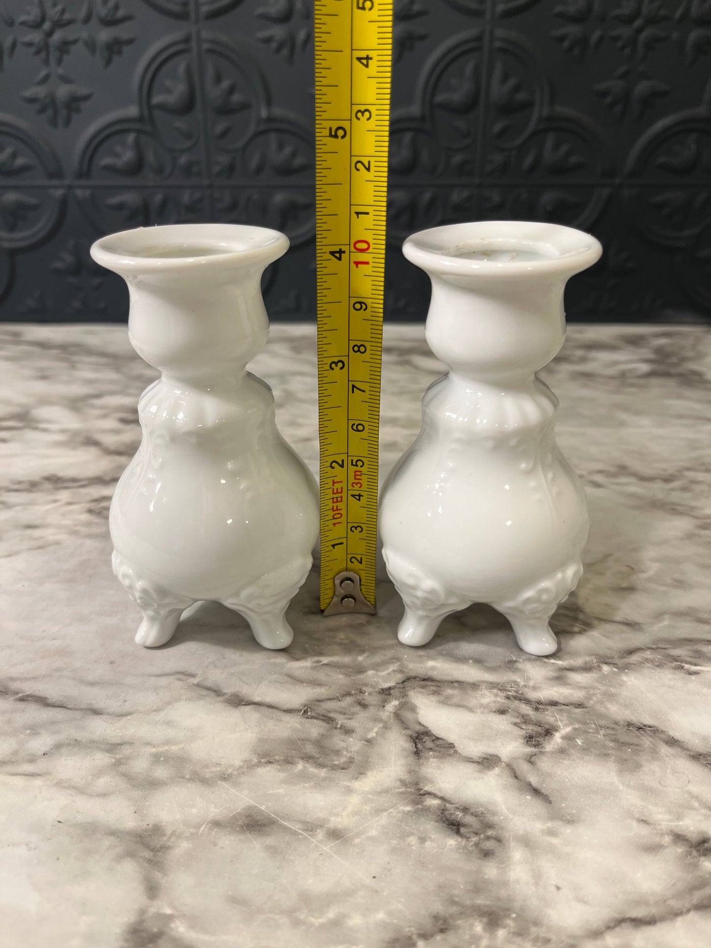 White Ceramic Small Candle Holders with feet x 2
