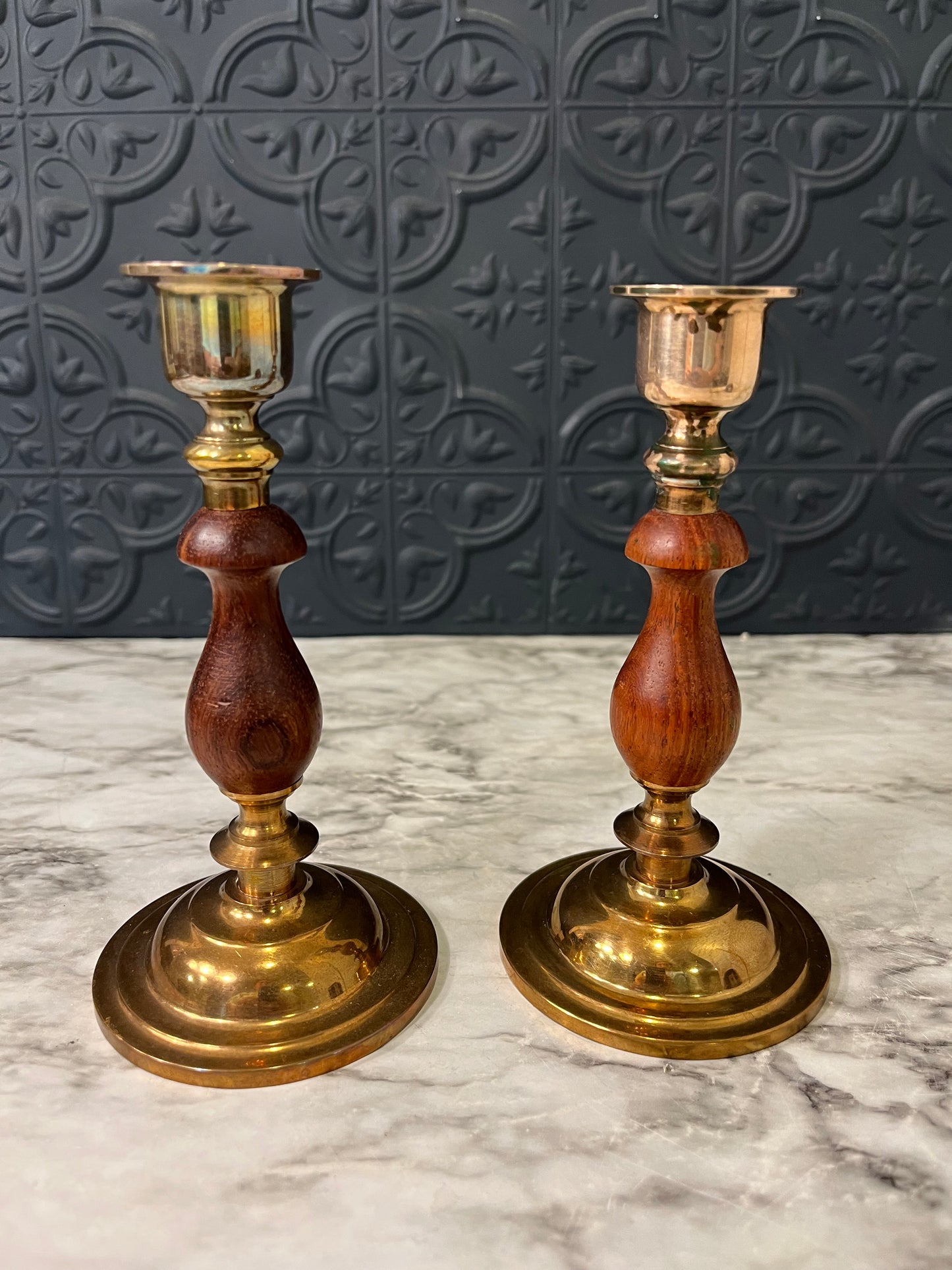 Brass and Wood Candle Holder x 2